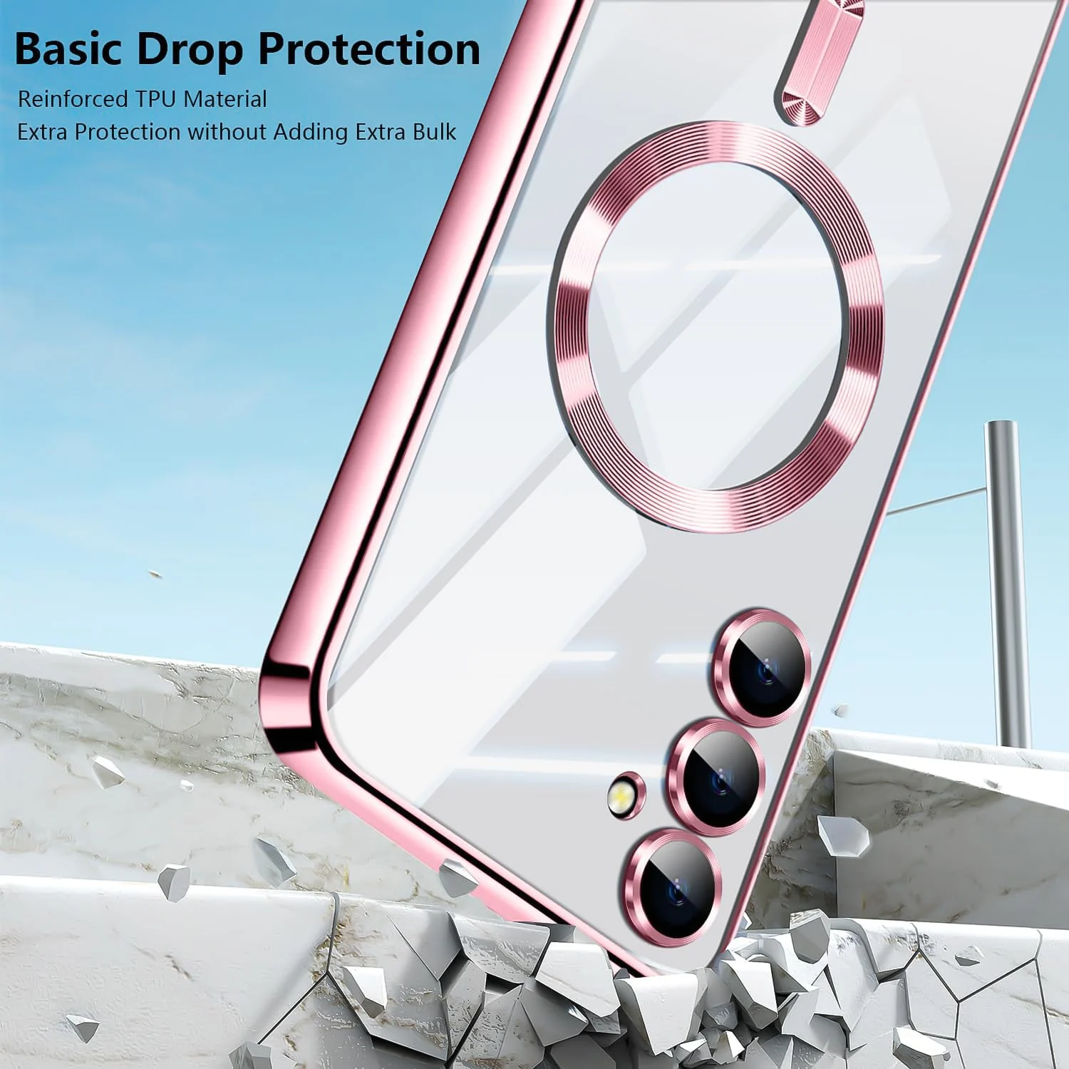 DL3 Mobilak For Samsung Galaxy A24 Magnetic Case, Compatible with MagSafe, Built-in Camera Lens Protector, Luxury Plating Soft TPU Clear Shockproof Slim Thin Cover - Pink