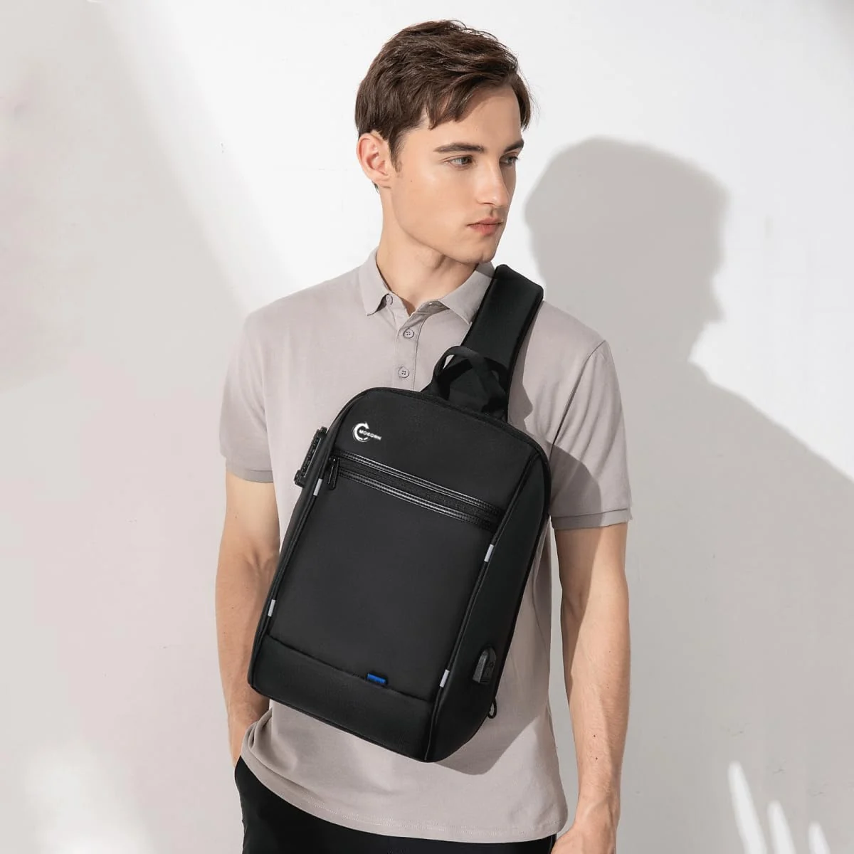 Mobigon Mini Sling Bag Hiking Daypack for Men with USB Port, Fits 9.7” iPad, Waterproof Little Crossbody Travel Shoulder Bag, Small Anti-Theft Backpack for Camping, Traveling, Commuting - Black