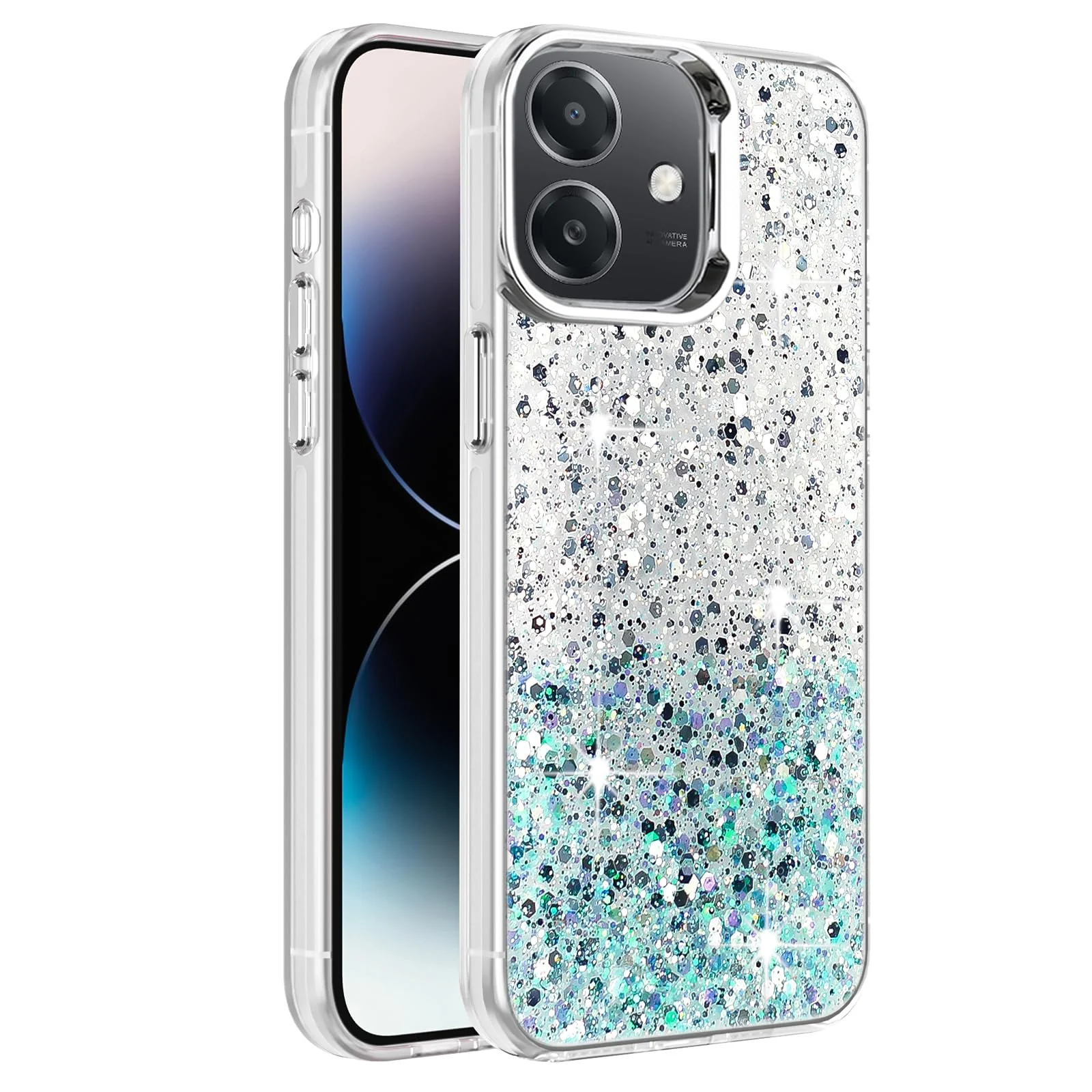 DL3 Mobilak Glitter Protective Case for OPPO A3 / OPPO A3X, Supports wireless charging, Camera protection, Shock-absorbing protection - White Green