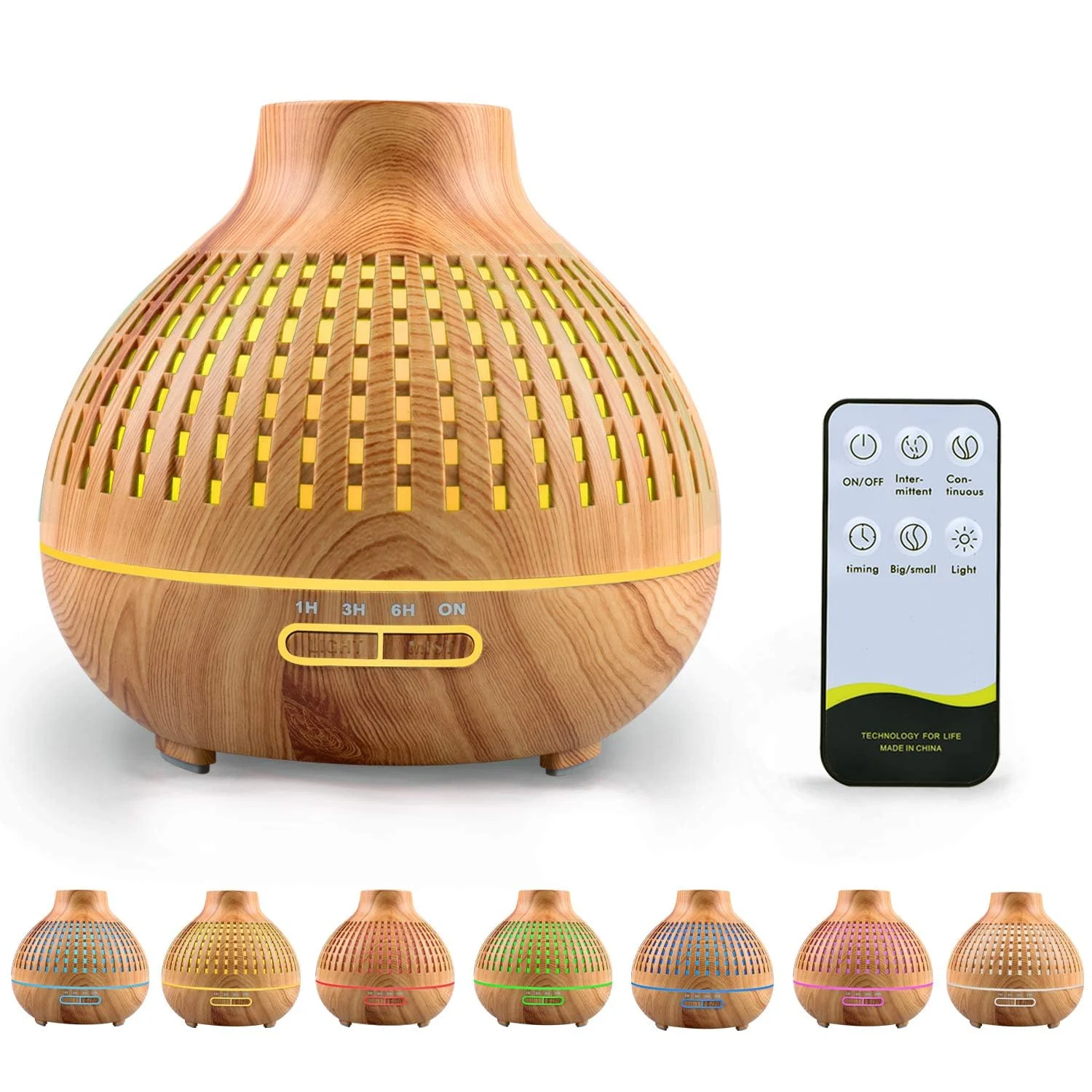Mobigon Essential Oil Diffuser, Aromatherapy Diffuser 500ml with Remote Control, 4 Timer & Auto-Off Safety Switch, 7 Color LED Lights Mode, 10 Hours Quiet Humidifier for Bedroom - A.Light Woody