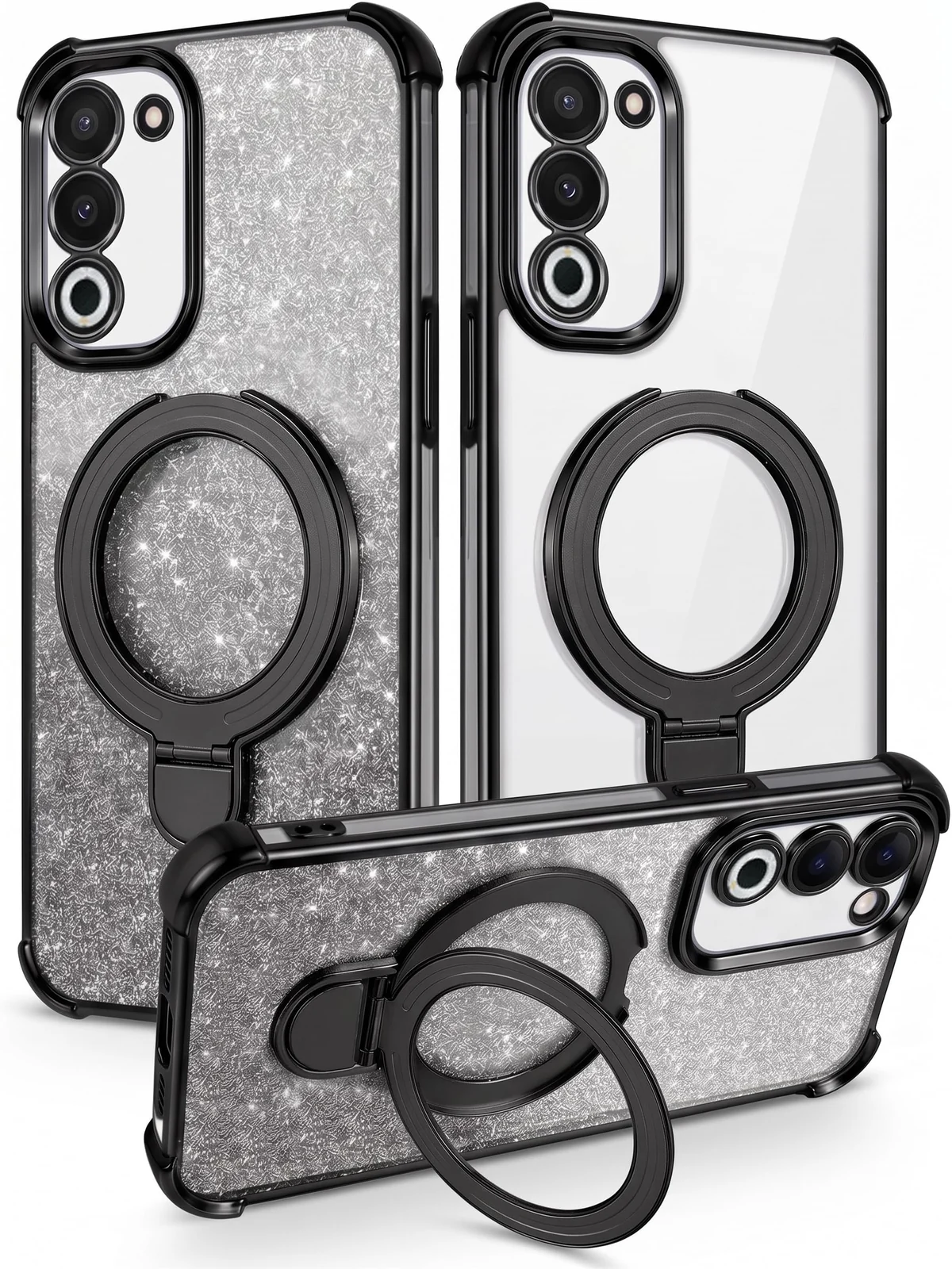 MOBIGON Glitter Phone Case with Magnetic Ring Stand for OPPO A5 4G, Black