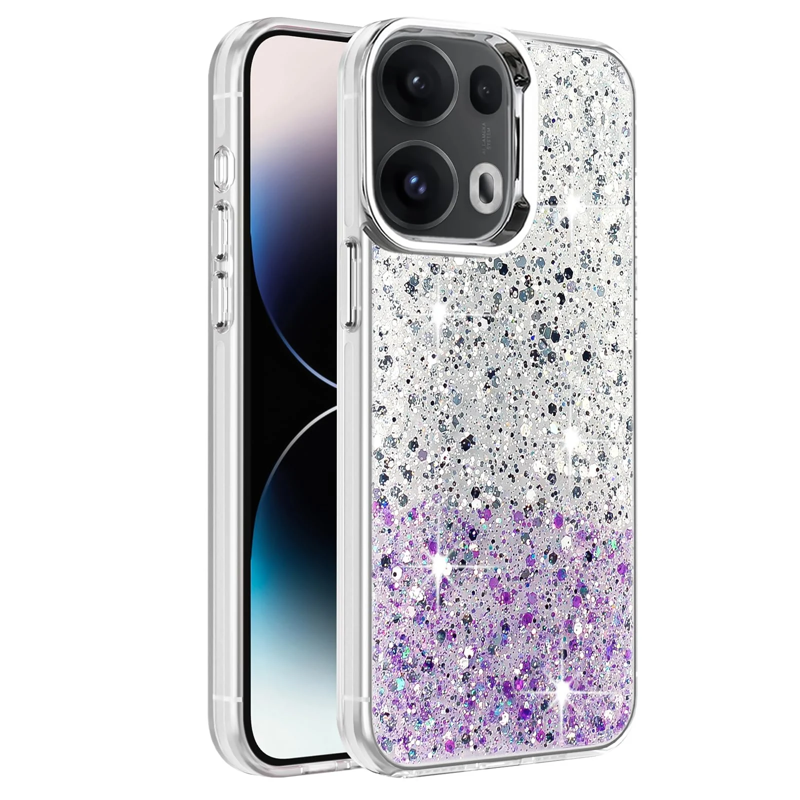 DL3 Mobilak Glitter Protective Case for OPPO Reno 13 Pro 5G, Supports wireless charging, Camera protection, Shock-absorbing protection - White Purple