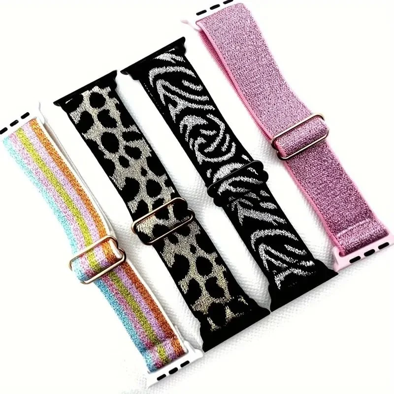 DL3 Mobilak Nylon Solo Loop Stretchy Straps For Apple Watch Band 49mm 45mm 44mm 42mm 41mm 40mm 38mm, Elastic Wristbands for Series 8 9 Ultra 7 6 5 4 3 2 1 (Shiny Leopard, 42MM/44MM/45MM/49MM) - Shiny Gold Leopard