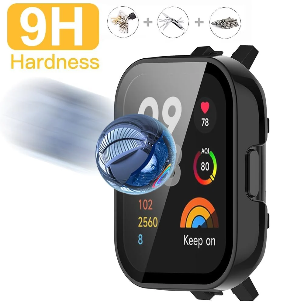 DL3 Mobilak Protective Case For Xiaomi Redmi Watch 3 (Not for Redmi Watch 3 Lite/Active) 9H Hardness PC Case Bumper Full Slim Protective Cover with Built-in Tempered Glass Screen Protector - Black