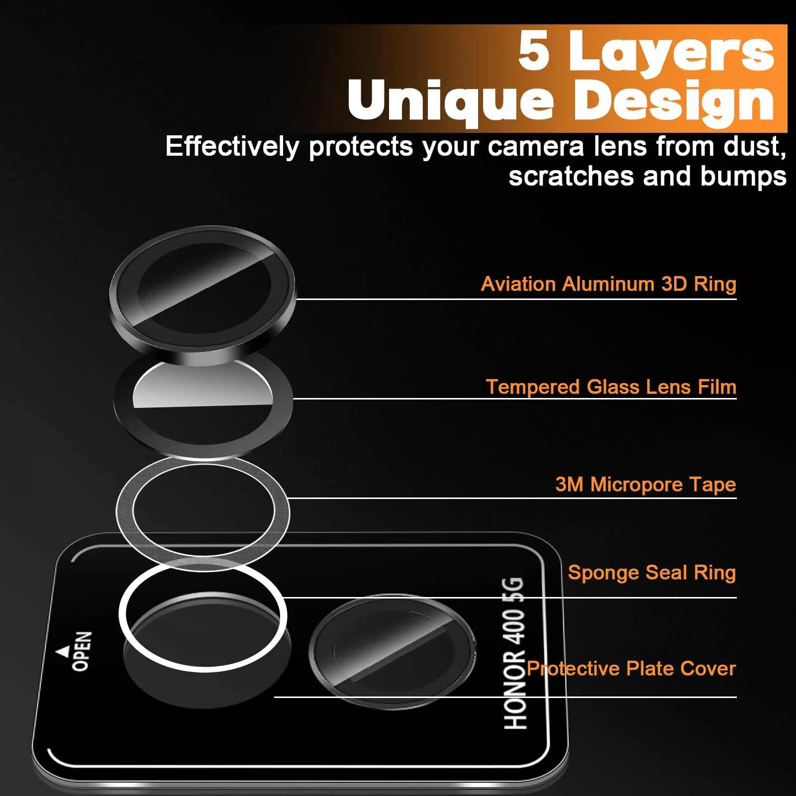 DL3 Mobilak Camera Lens Protector for Honor 400 5G Accessories, 9H Tempered Glass Metal Individual Ring Camera Cover Screen Protector, Case Friendly, Anti Scratch - Black