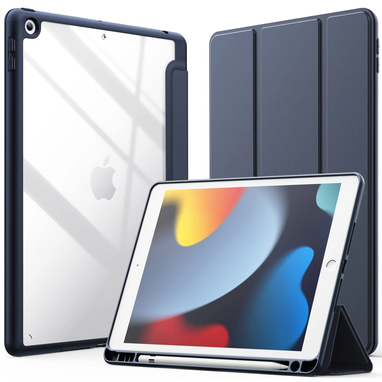 DL3 Mobilak Case for iPad 10.2-Inch (9th/8th/7th Generation, 2021/2020/2019), Clear Shockproof Back Cover Built-in Pencil Holder, Auto Sleep/Wake