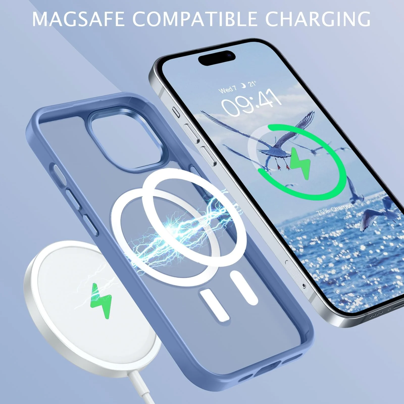 DL3 Mobilak Translucent Matte Case for iPhone 15 + Plus / iPhone 14 Plus 6.7-Inch, Compatible with MagSafe accessories, Supports wireless charging, Built-in magnetic car-mount support - Baby Blue