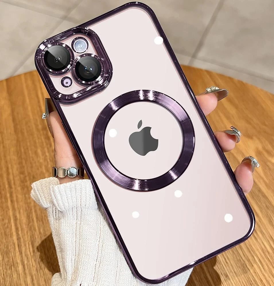 DL3 Mobilak Clear TPU Case with Electroplated Edges for iPhone 14 with Camera Protection and Anti-Yellowing Design - Deep Purple