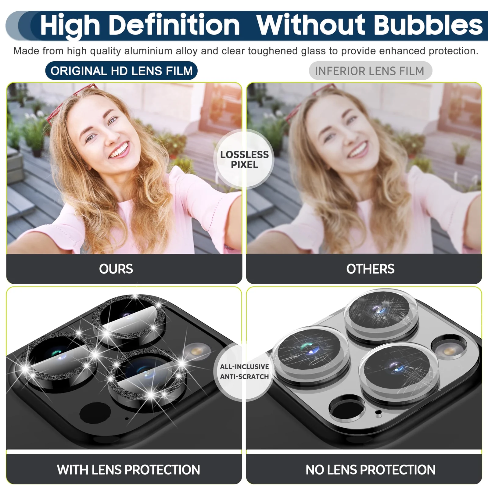 DL3 Mobilak Camera Lens Protector For iPhone 15 Pro/iPhone 15 Pro Max, [Keep Original Shooting] Tempered Glass Screen Protector Metal Individual Camera Cover, Case Friendly - Glitter Black