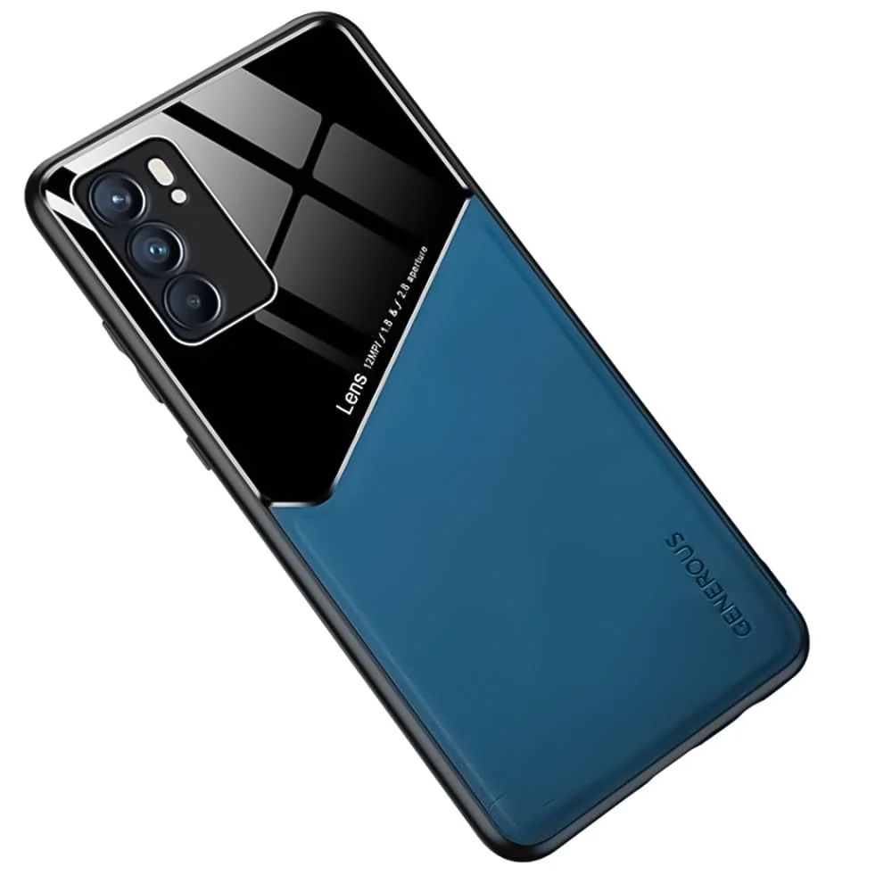 DL3 Mobilak Leather and PC Protective Case for OPPO Reno 6 4G (Not 5G), Built-in magnetic car-mount support, Shock-absorbing protection, Raised edges around the screen and camera - Blue