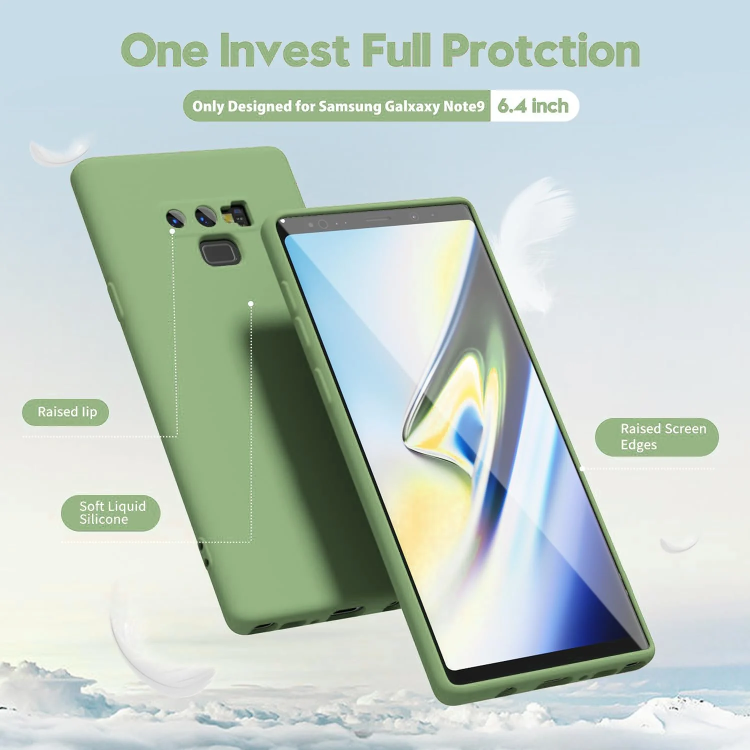 DL3 Mobilak Liquid Silicone Case for Samsung Galaxy Note9, Shock-absorbing protection, Scratch-resistant surface, Soft microfiber lining - Mint Green