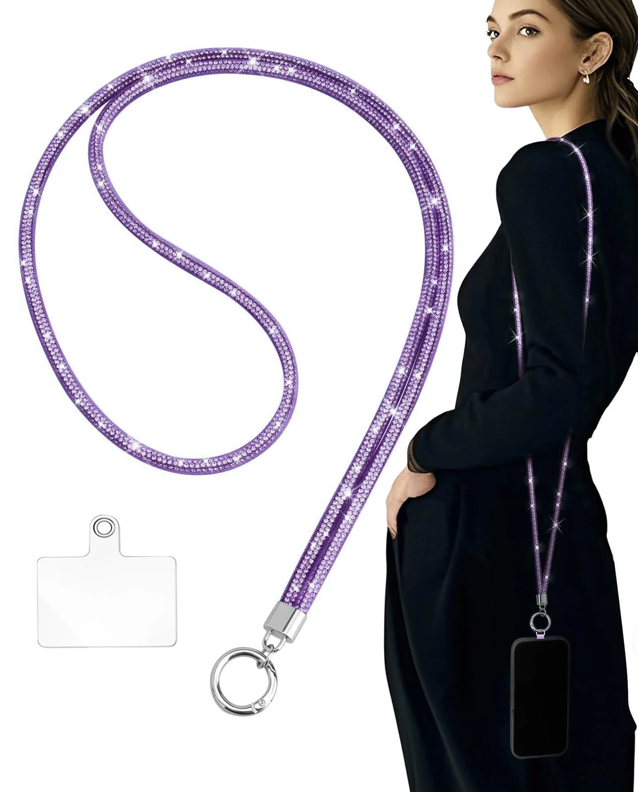 DL3 Mobilak Universal Phone Lanyard Crossbody, Rhinestone Cell Phone Chain Anti-Theft with 1× Shiny Phone Strap, 1× Pad for Most Smartphones, Diamond Phone Neck Holder for Women - Purple