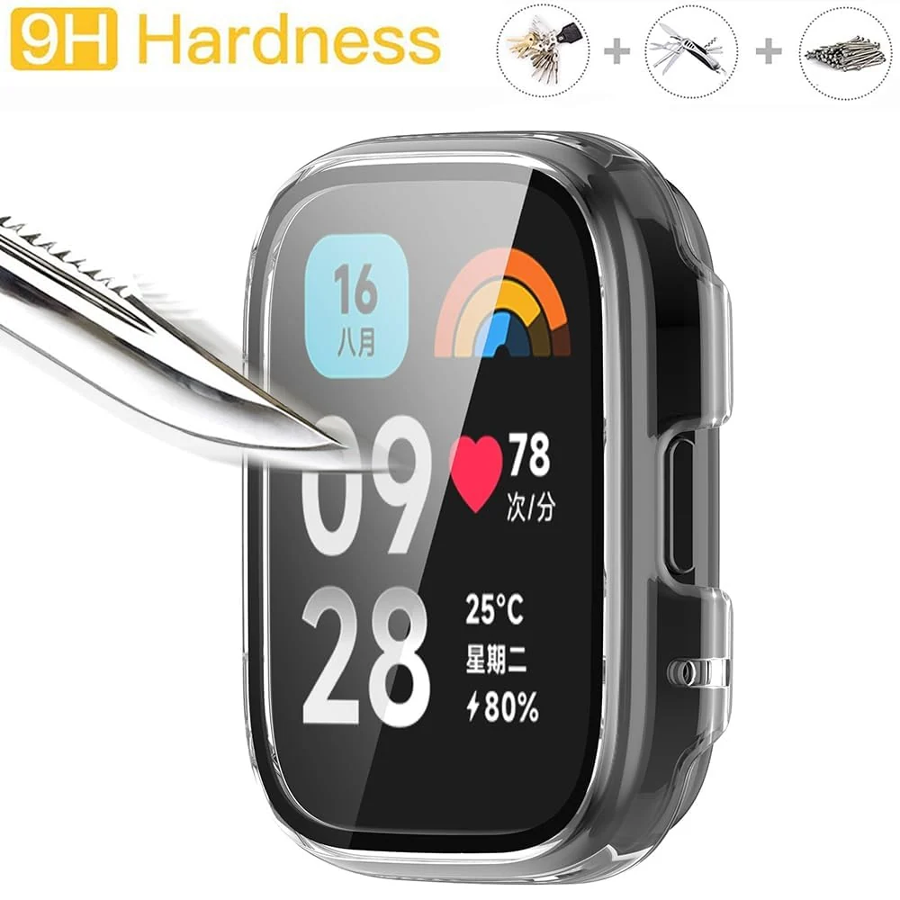 DL3 Mobilak Protective Case Compatible with Xiaomi Redmi Watch 3 Lite/Redmi Watch 3 Active 9H Hardness PC Case Bumper Full Slim Protective Cover with Tempered Glass - Clear