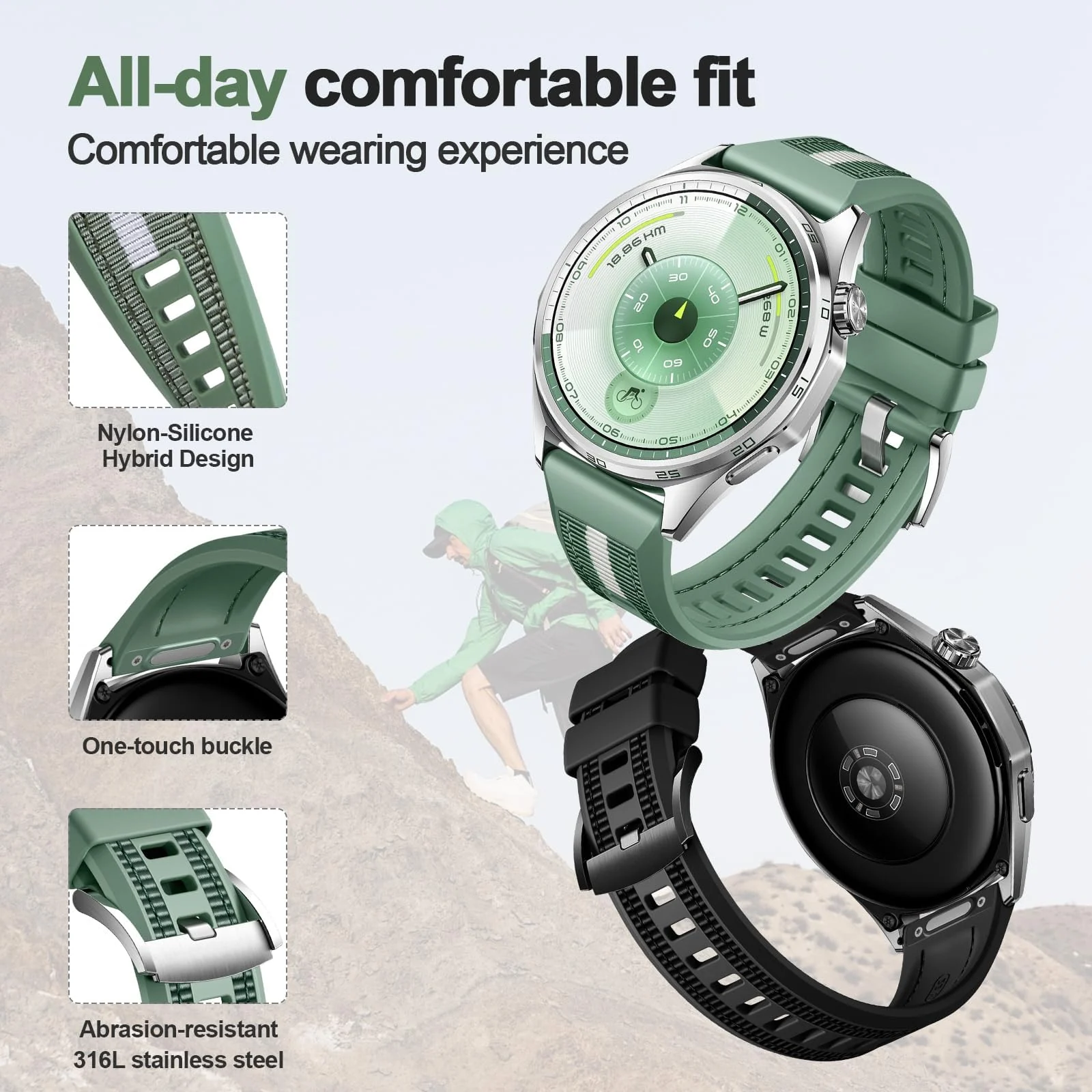 DL3 Mobilak Rubber Strap 22mm Watch Strap Compatible with Huawei Watch GT5/GT6 strap 46mm Nylon Silicone Band for GT3 46mm/GT4/GT 3 Pro/GT 2 Pro/GT 2e/Ultimate Quick Release Watchband - Wild Green