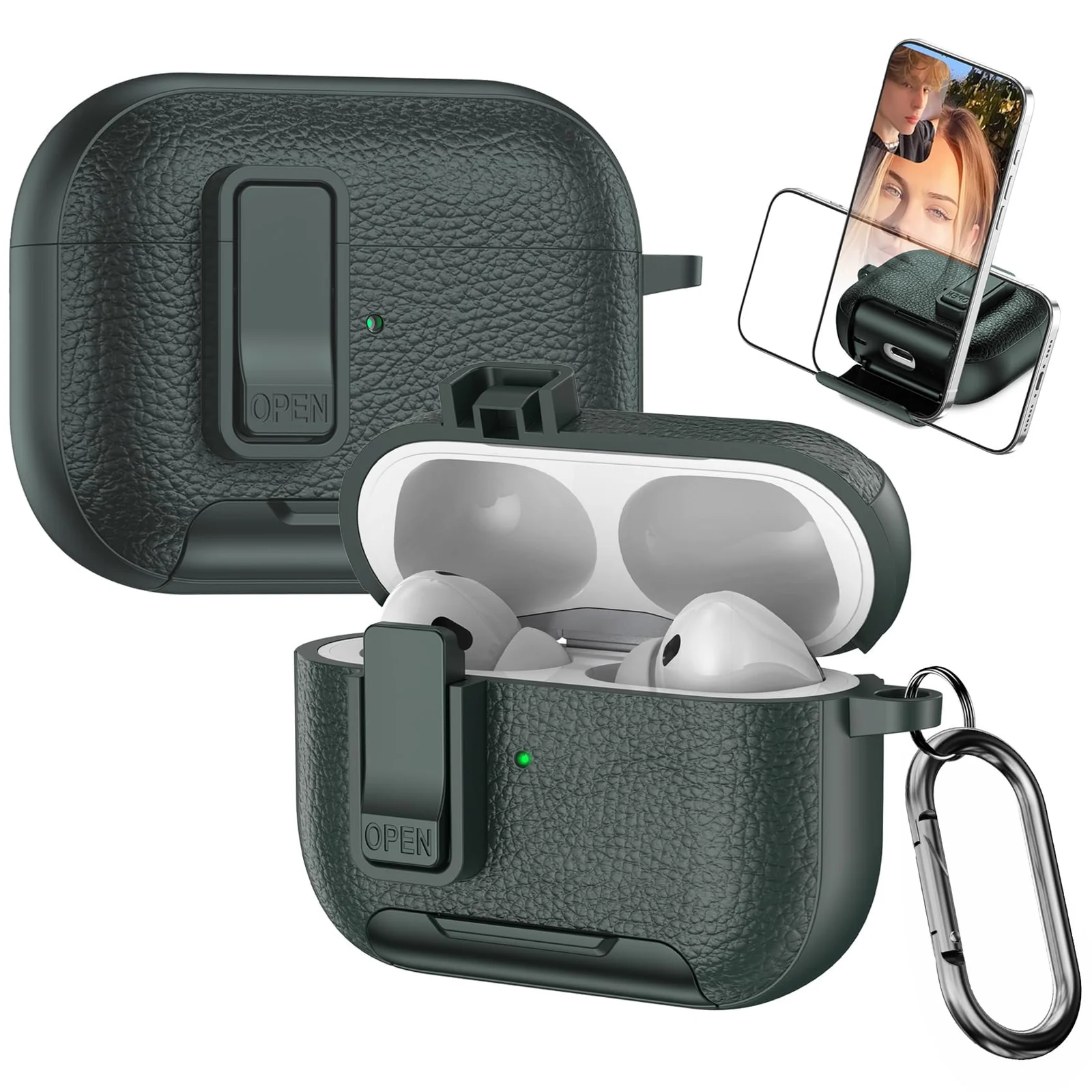 Mobigon for AirPods Pro 2nd / 1st Leather Case with Secure Lock Clip, Support Wireless Charge, Stand and Charging Port Dustproof Design with Carabiner for AirPods Pro 1/2