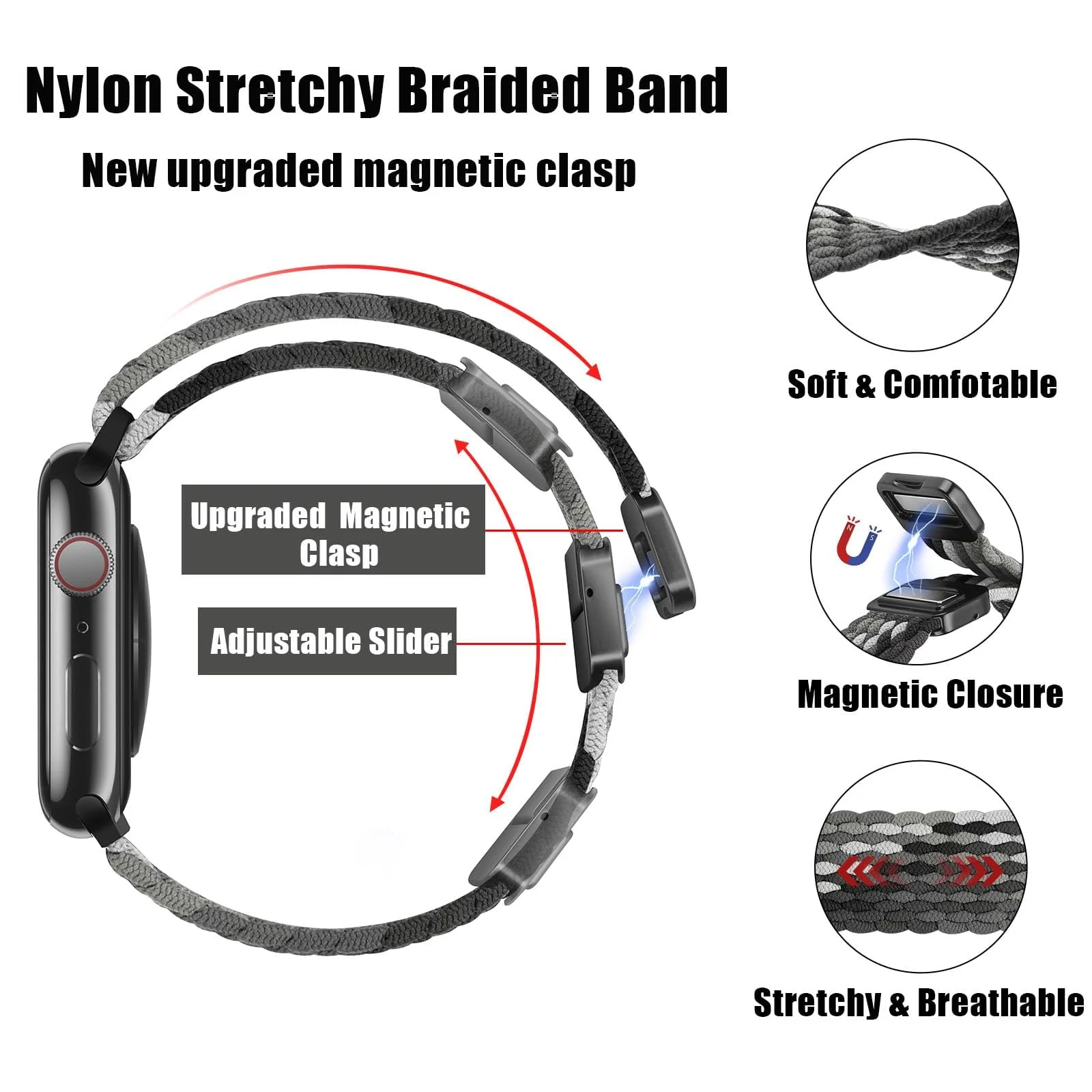 DL3 Mobilak Sport Solo Loop Compatible with Apple Watch Band 42mm 44mm 45mm 46mm 49mm for Women Men, Magnetic Strap Stretchy Braided Wristband for iWatch Series 11 10 9 8 7 6 5 4 3 Ultra 3 2 1 SE SE2 - Black
