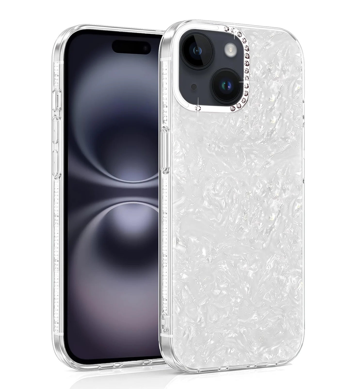 DL3 Mobilak Glitter Rhinestone Protective Case for iPhone 15 with Shockproof Design - White