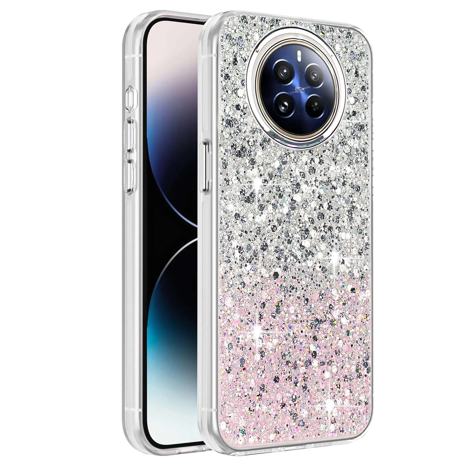 DL3 Mobilak Glitter Protective Case for realme 12 Pro 5G / realme 12 Pro + Plus 5G, Supports wireless charging, Camera protection, Shock-absorbing protection - White Pink