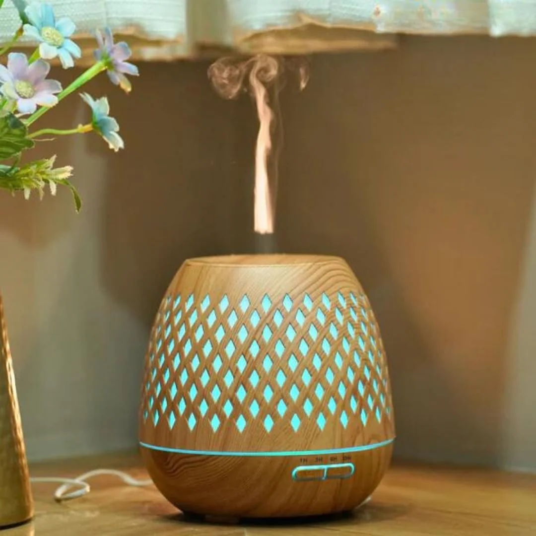 Mobigon Essential Oil Diffuser, Aromatherapy Diffuser 500ml with Remote Control, 4 Timer & Auto-Off Safety Switch, 7 Color LED Lights Mode, 10 Hours Quiet Humidifier for Bedroom - E.Light Woody