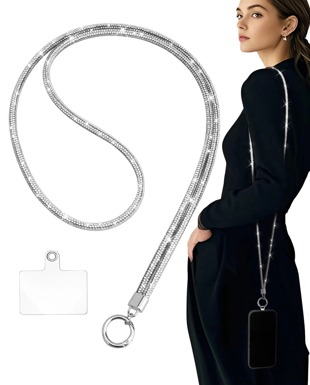 DL3 Mobilak Universal Phone Lanyard Crossbody, Rhinestone Cell Phone Chain Anti-Theft with 1× Shiny Phone Strap, 1× Pad for Most Smartphones, Diamond Phone Neck Holder for Women - Silver