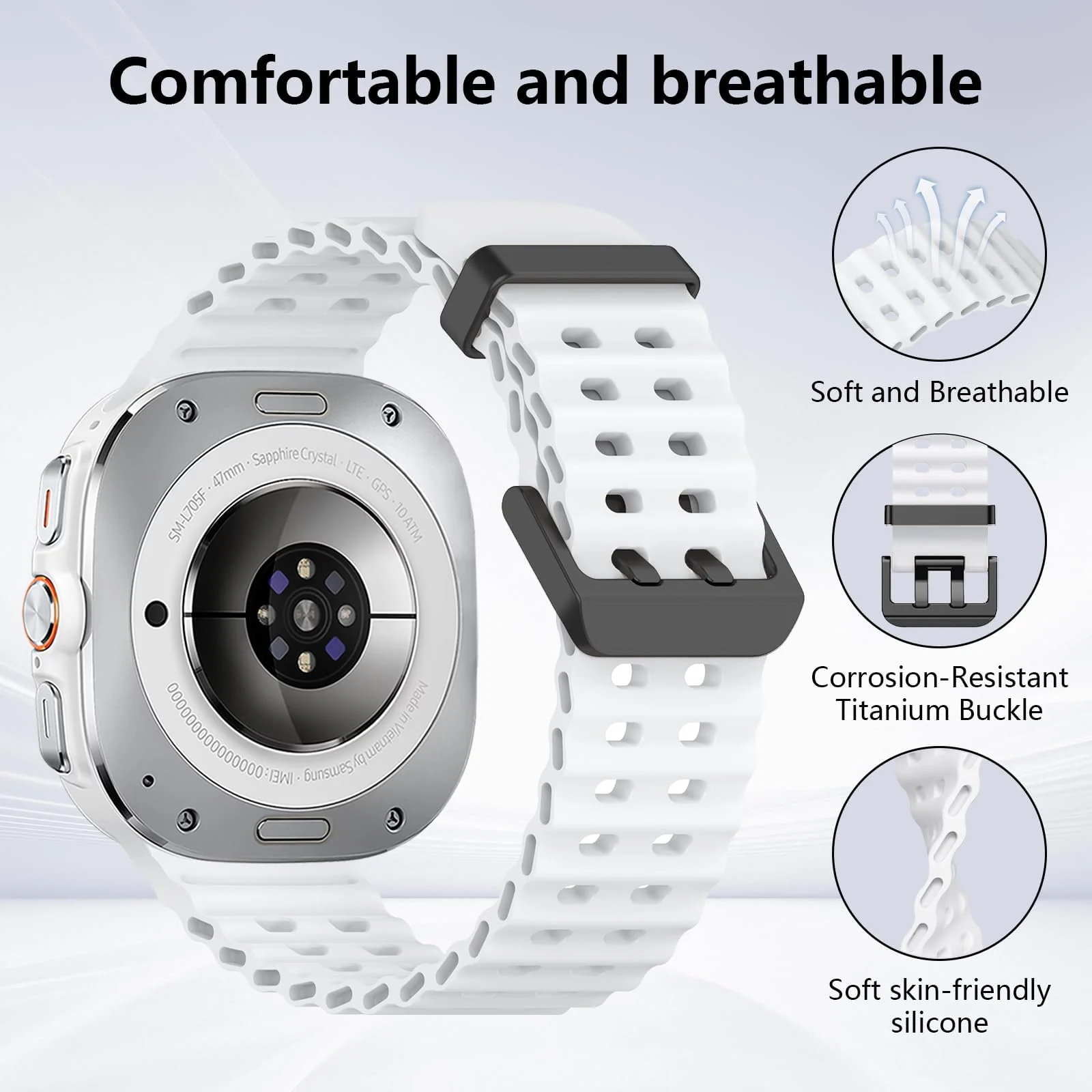 DL3 Mobilak Sport Band Compatible with Samsung Galaxy Watch Ultra Band 47mm Women Men, Breathable Soft Silicone Waterproof Watch Strap Accessories for Samsung Watch 7 Ultra Bands - White