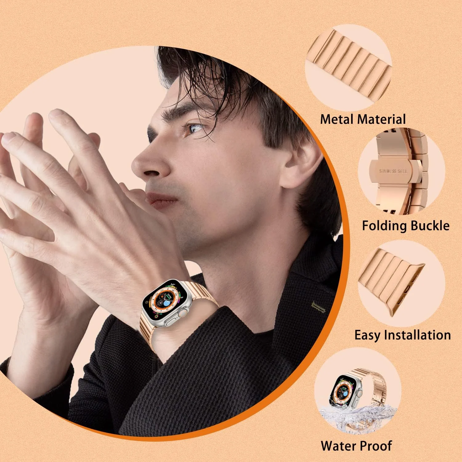 DL3 Mobilak Compatible with Apple Watch 49mm 46mm 45mm 44mm 42mm Strap, Solid Stainless Steel Link Bracelet Metal Band for iWatch Ultra 3 2 1/Series 11 10 9 8 7 6 5 4 3 2 1 SE - Rose Gold