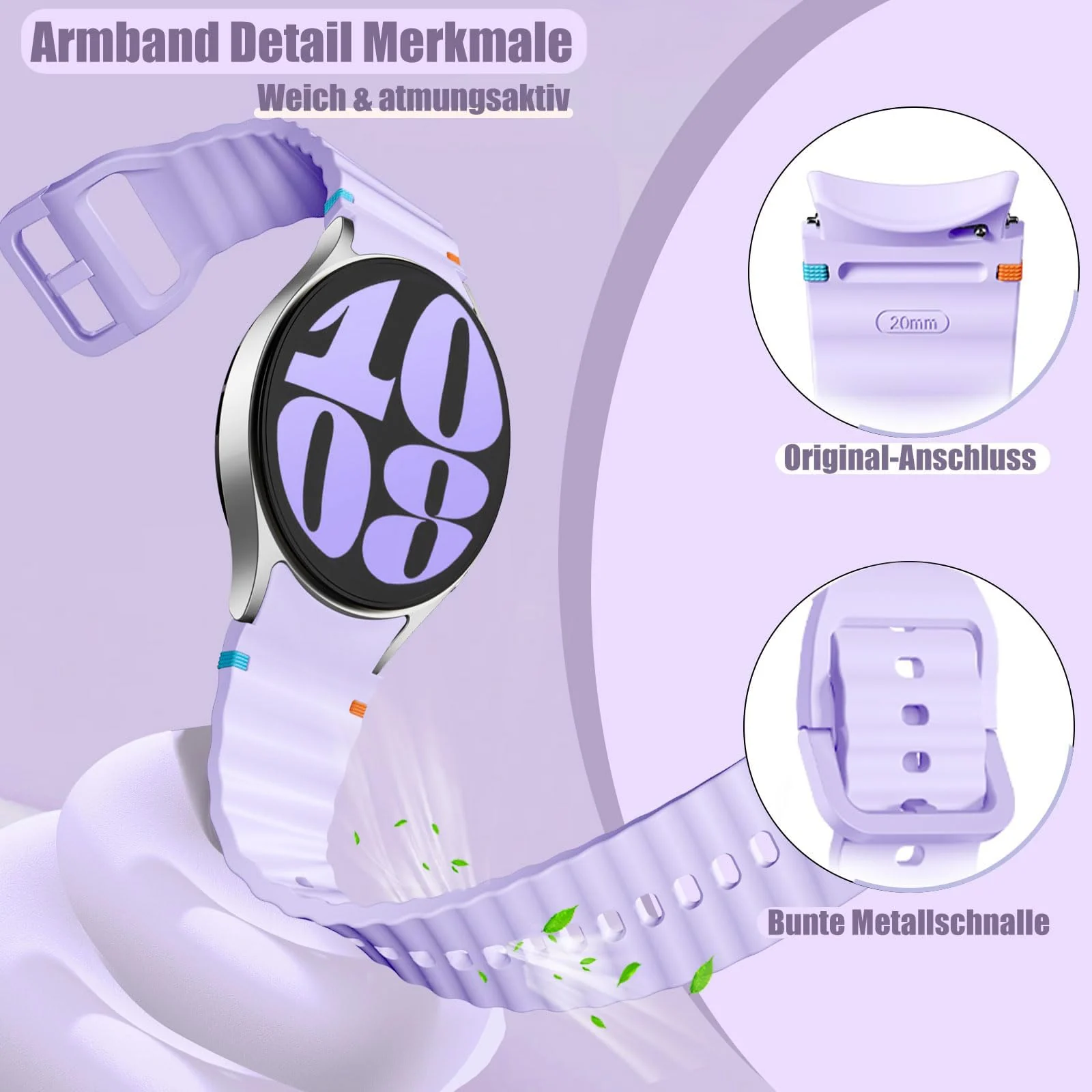 DL3 Mobilak No Gap Sport Bands For Samsung Galaxy Watch 7 6 5 4 FE Strap 40mm 44mm, Soft Silicone Sport Band for Galaxy Watch 6 Classic Straps 47mm 43mm/Galaxy Watch 5 Pro/Watch 4 Classic 42mm 46mm for Men Women - Violet