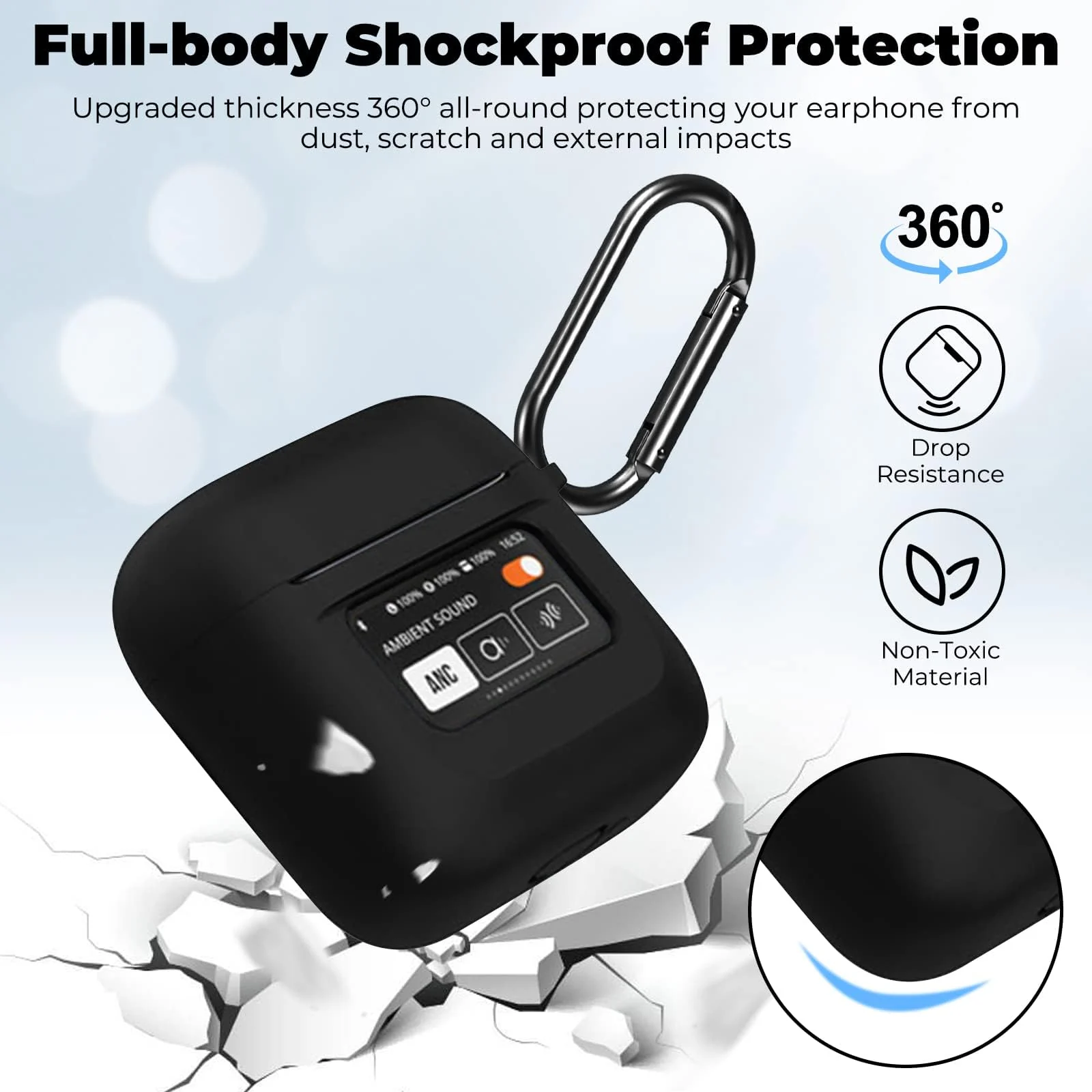 DL3 Mobilak Case for JBL Tour Pro 2 Earbuds Cover, [LCD Touch Screen Visible] [Anti-Lost Keychain] Soft Silicone Protective Skin Case for JBL Tour Pro 2 Charging with Carabiner - Black
