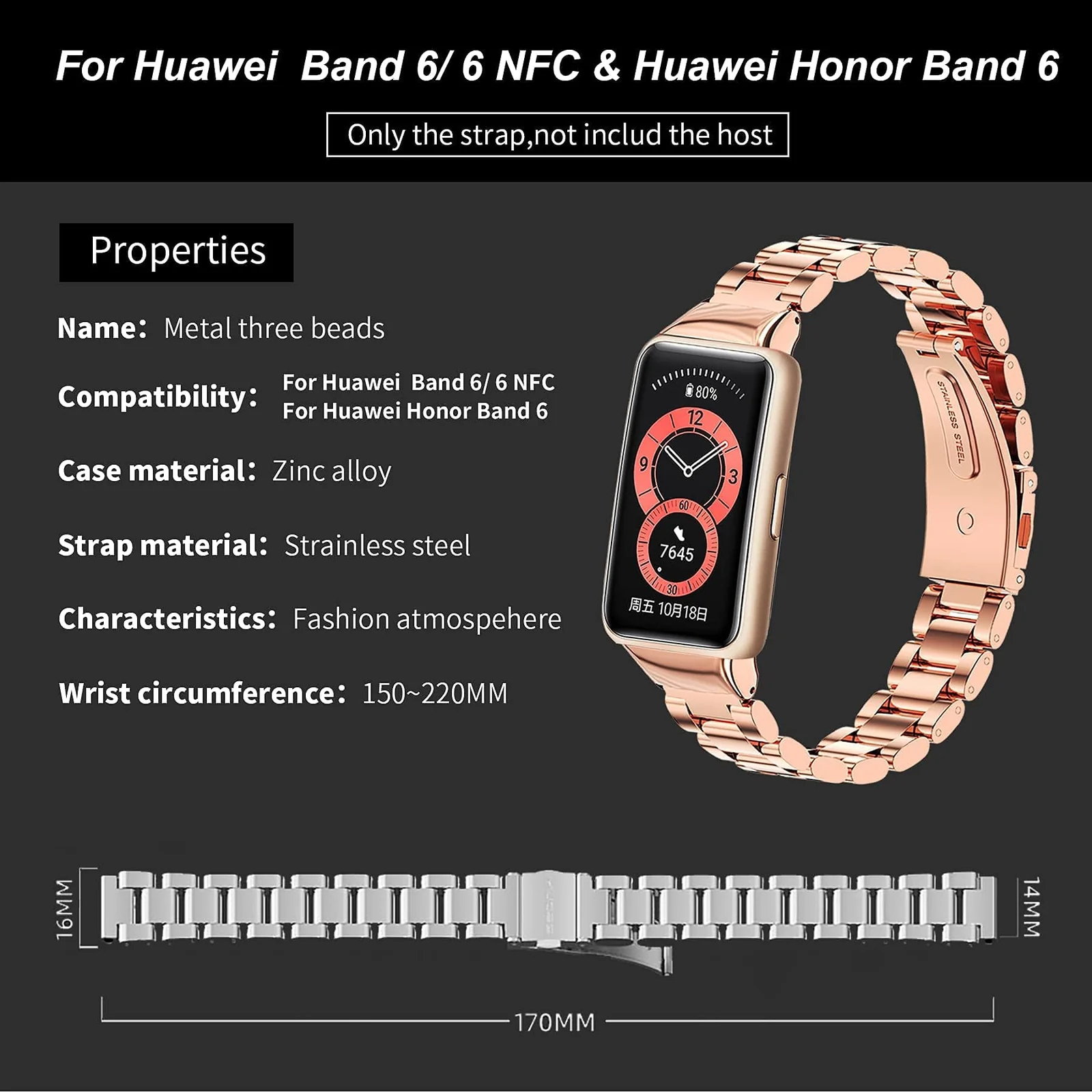 MOBIGON Stainless Steel Bracelet Strap with Double-Folding Clasp for Huawei Band 6 / HONOR Band 6 / HONOR Band 7, Rose Gold