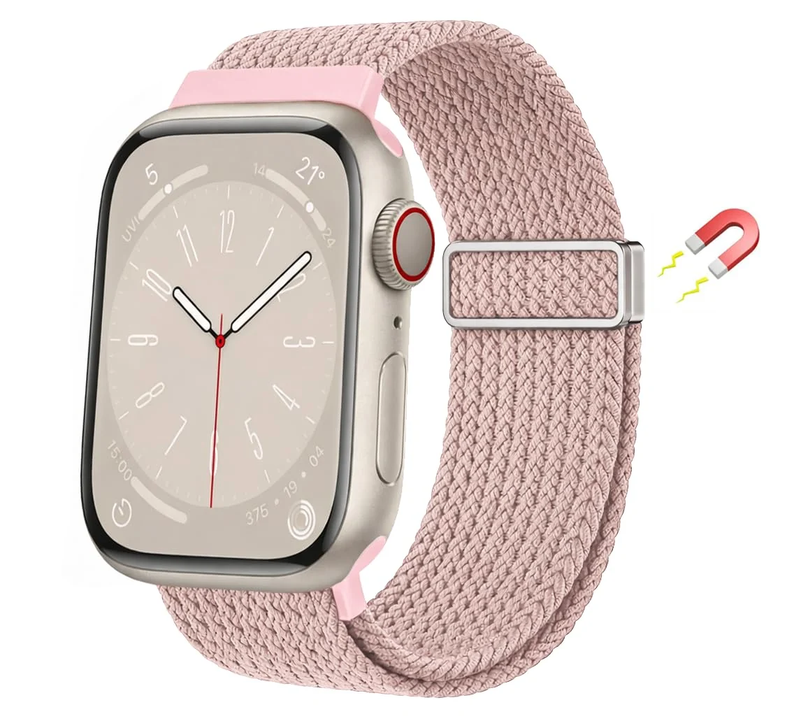 DL3 Mobilak Sport Solo Loop Compatible with Apple Watch Band 42mm 44mm 45mm 46mm 49mm for Women Men, Magnetic Strap Stretchy Braided Wristband for iWatch Series 11 10 9 8 7 6 5 4 3 Ultra 3 2 1 SE SE2 - A-Light Pink