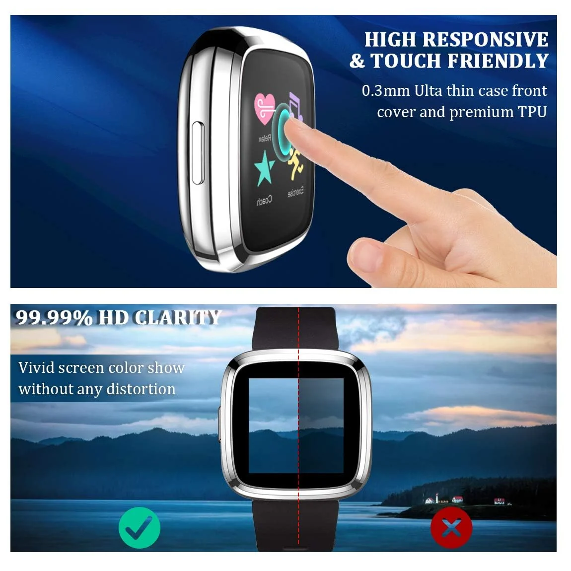 DL3 Mobilak Case Compatible with Fitbit Versa 2 Case All-Around with Built-in Screen Protector Watch Soft TPU Shockproof Cover Slim Guard Thin Bumper Shell Protector For Versa 2 - Silver