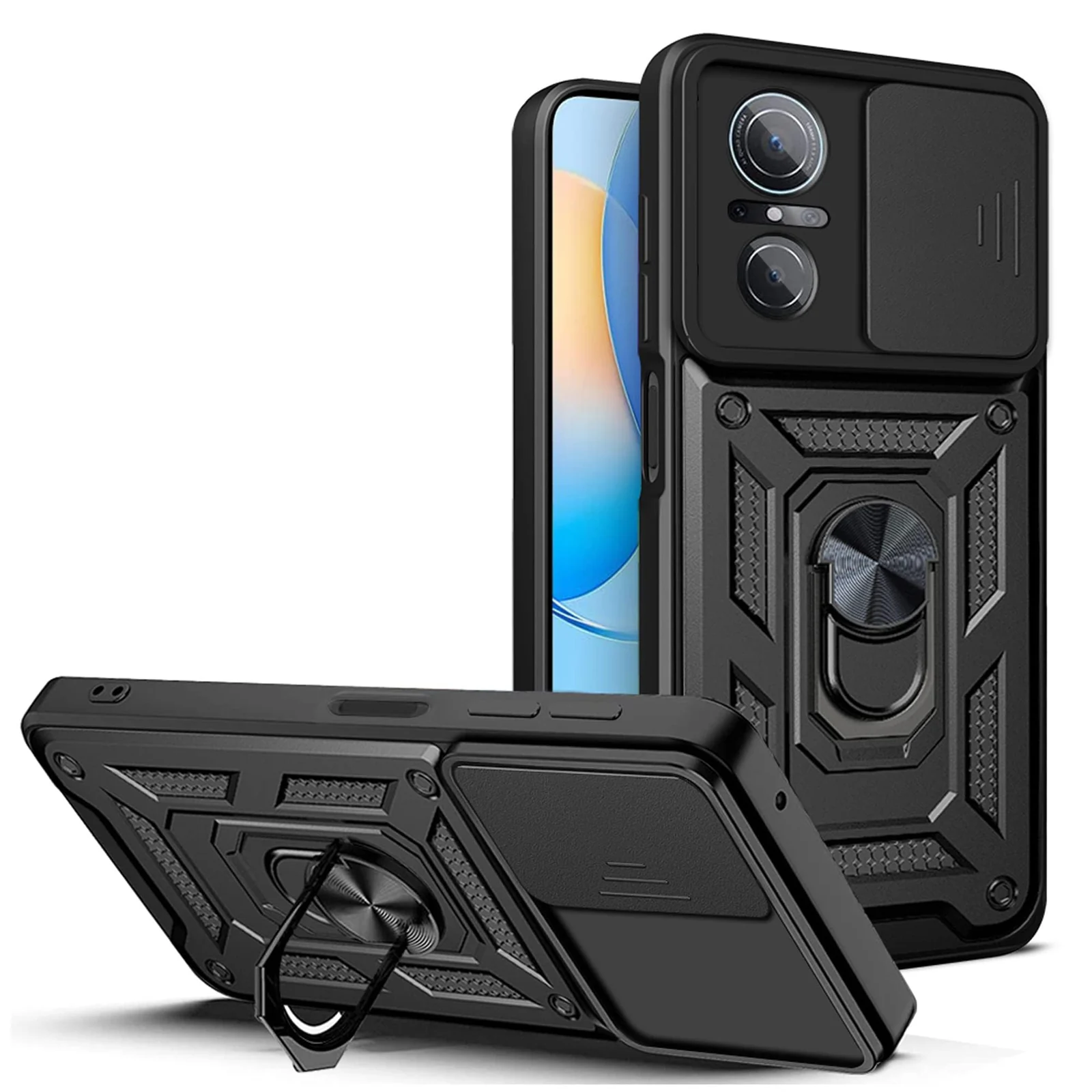 DL3 Mobilak Military-Grade Protective Case with Sliding Camera Cover, Metal Ring Kickstand and Magnetic Car-Mount Support for Huawei Nova 9 SE / Honor 50 SE - Black