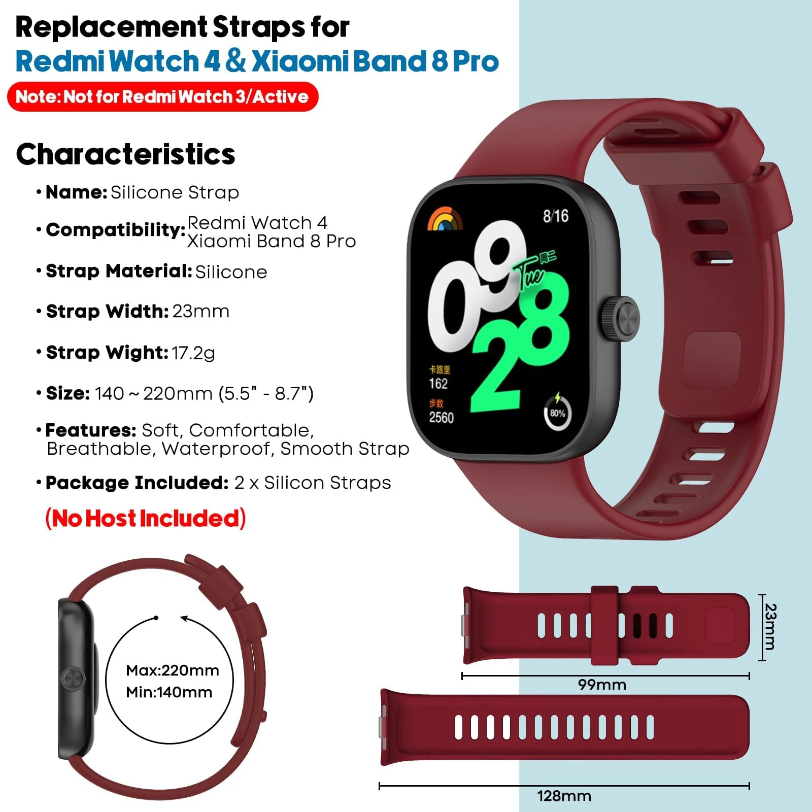 DL3 Mobilak Bracelet Compatible with Xiaomi Redmi Watch 6/5/4 / Xiaomi Smart Band 10 Pro/9 Pro/8 Pro, Soft TPU Replacement Strap Sports, Strap for Men and Women - Wine Red