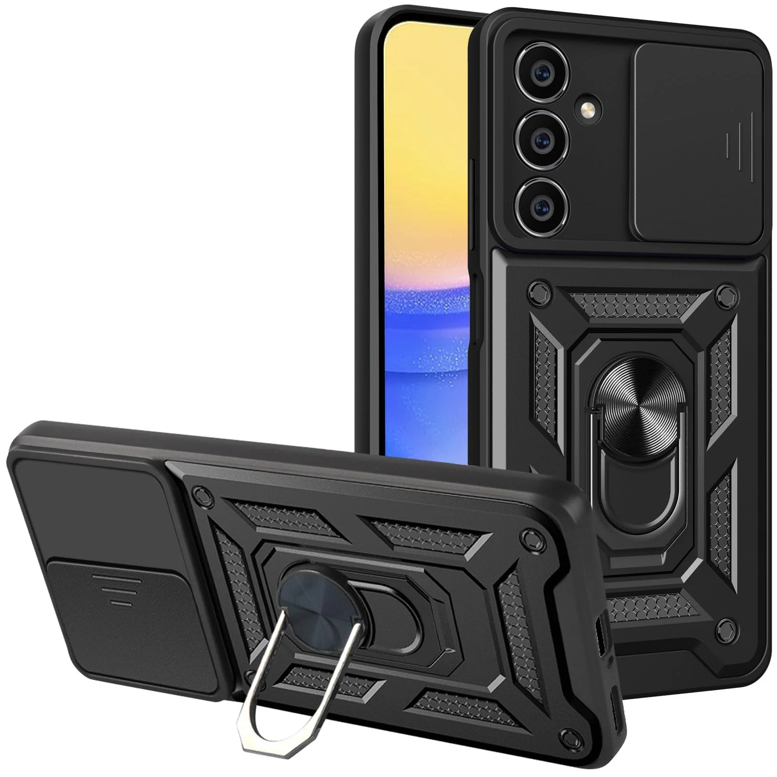 DL3 Mobilak Case for Samsung Galaxy A15 5G with Slide Camera Cover, Military Grade Shockproof Protective Cover with Rotatable Metal Ring Kickstand [Support Magnetic Car Mount] - Black