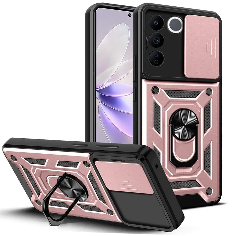DL3 Mobilak Military-Grade Protective Case with Sliding Camera Cover, Metal Ring Kickstand and Magnetic Car-Mount Support for vivo V27e / vivo S16e - Rose Gold