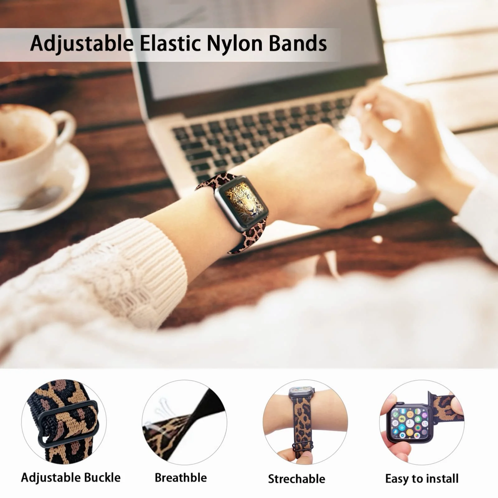 DL3 MOBILAK Nylon Solo Loop Stretchy Straps For Apple Watch Band 49mm 45mm 44mm 42mm 41mm 40mm 38mm, Elastic Wristbands for Series 8 Ultra 7 6 5 4 3 2 1 Se (Leopard, 42MM/44MM/45MM/49MM)