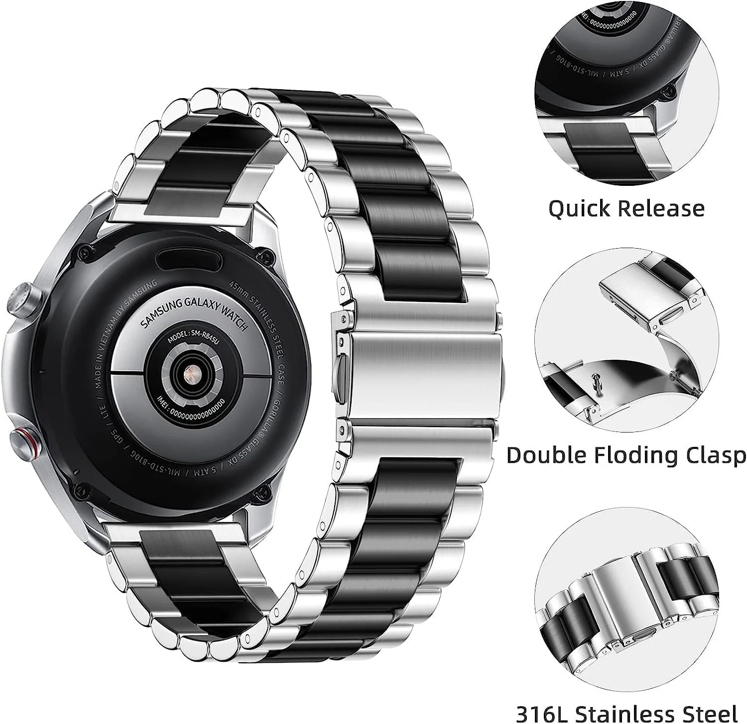 DL3 Mobilak Metal Band 20MM Strap for Samsung Gear Sport, Watch 4/5/5 Pro, S2 Classic, Active 2 40mm 44mm, Amazfit GTS 3/4/4 Mini, Bip 3/Pro/U, GTS 2 Mini/2e - A. Silver & Black
