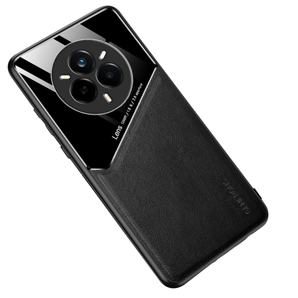 DL3 Mobilak Luxury Case For realme 14 Pro+ Plus 5G, Ultra-Thin Soft TPU Frame, Back Leather Mixed Double+Plexiglass Protective Cover With Built-in Car Magnetic - Black