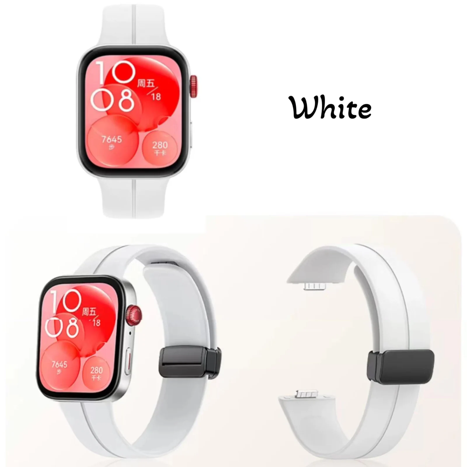 DL3 Mobilak Silicone Strap Compatible with Huawei Watch Fit 3/Watch Fit 4 Pro/Fit 4 Magnetic Metal Stainless Buckle Sport Silicone Strap, Band Quick Release Soft Replacment Wristband - White