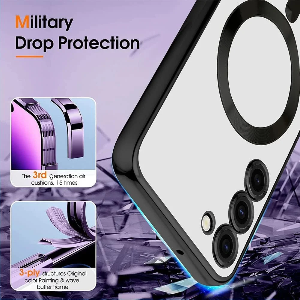 DL3 Mobilak Case for Samsung Galaxy S23 MagSafe with Camera Lens Protector, Magnetic Clear Case Full Protection Plating Anti-Scratch Slim Thin Case Cover - Black