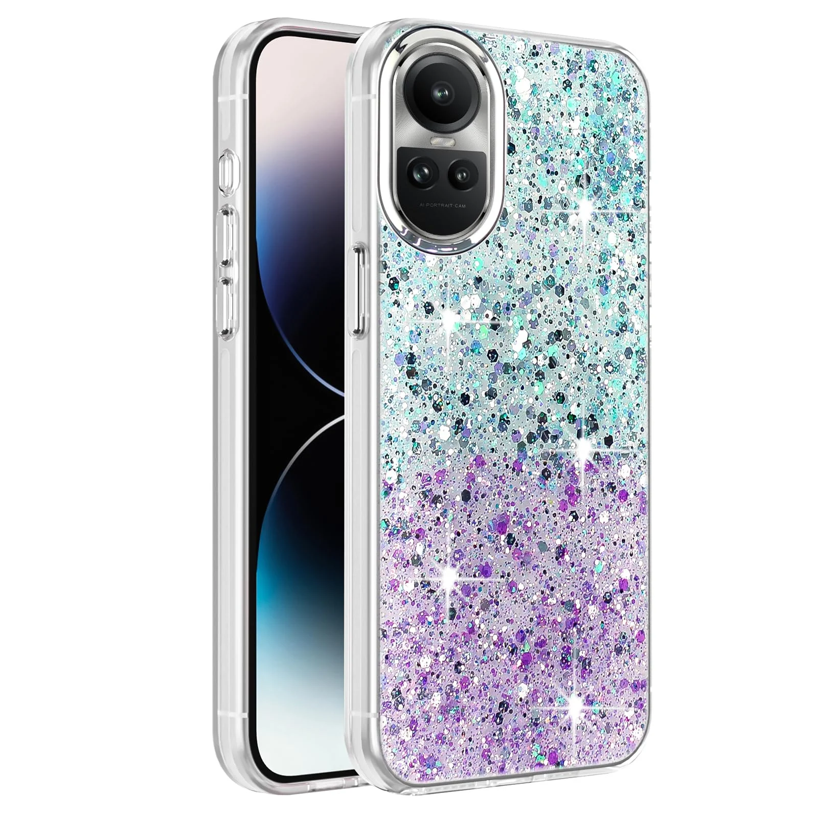 DL3 Mobilak Glitter Protective Case for OPPO Reno 10 5G / Reno10 Pro 5G, Supports wireless charging, Camera protection, Shock-absorbing protection - Green Purple