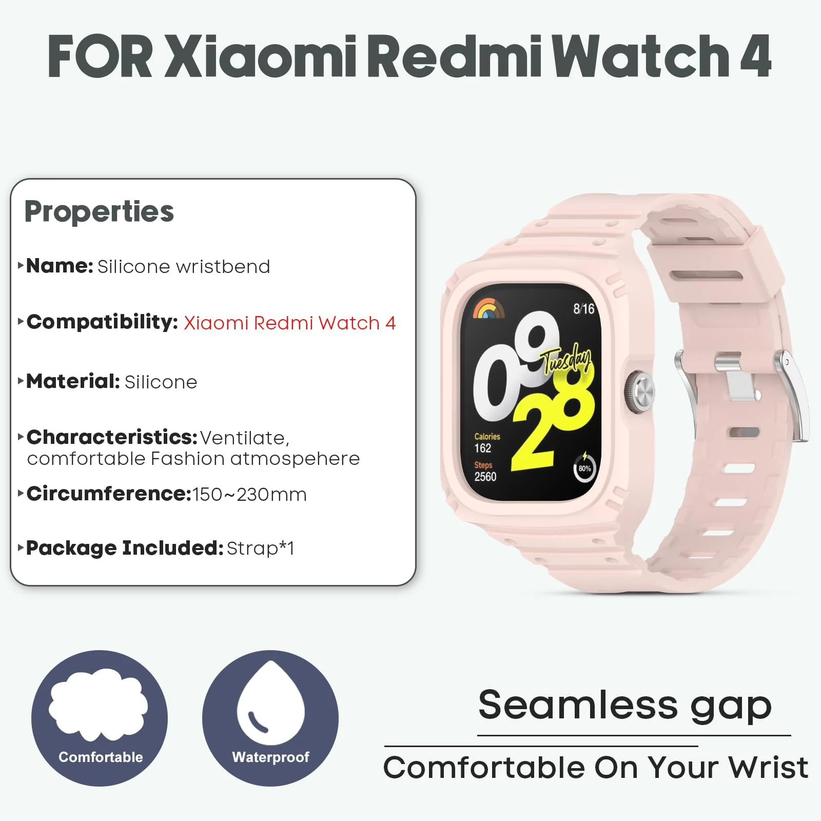 DL3 Mobilak Strap With Cover Compatible with Xiaomi Redmi Watch 4, Silicone Sport Band Replacement Watchband with Bumper Case for Redmi Watch 4, Adjustable Wristband - Pink