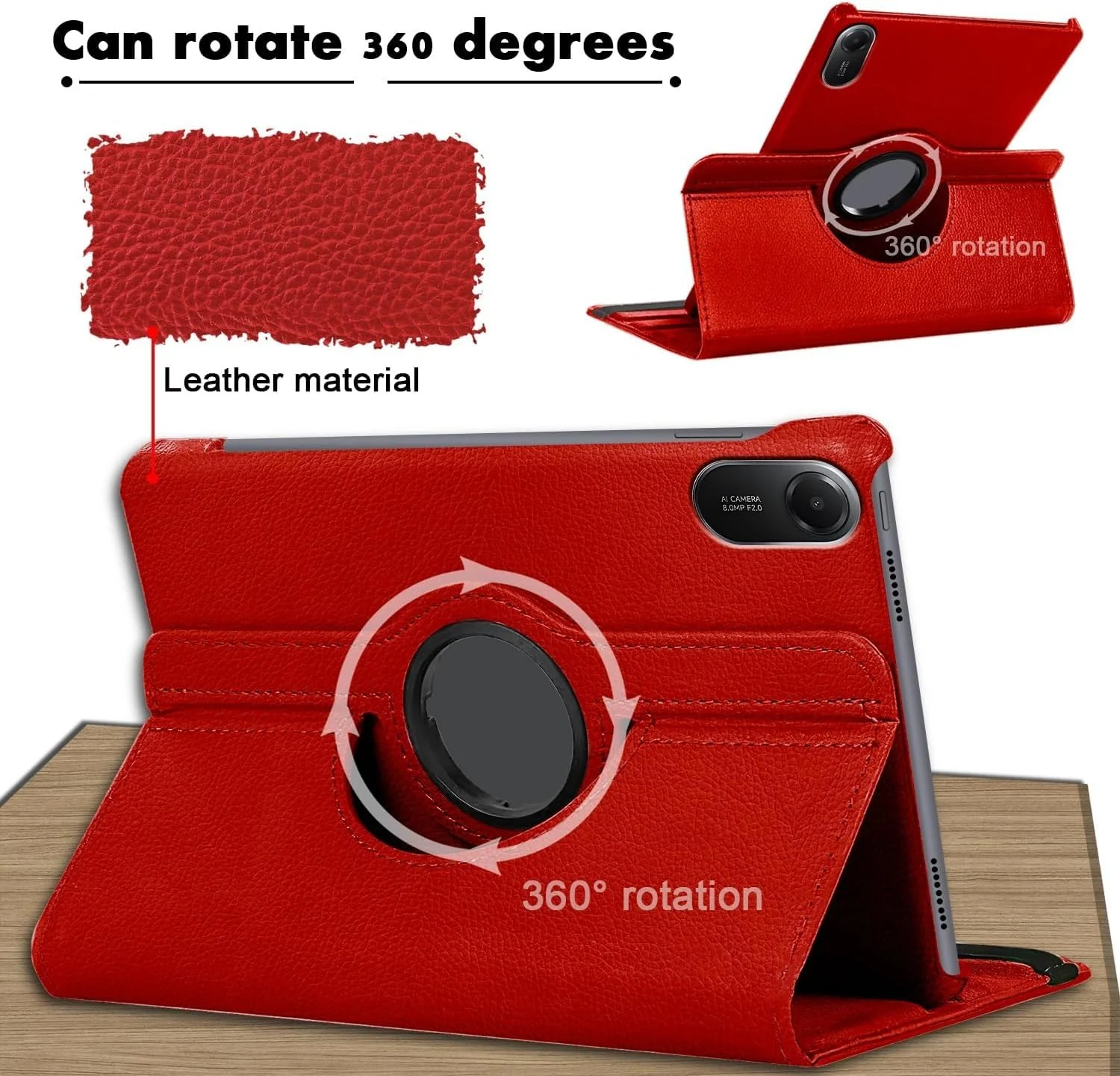 DL3 Mobilak Protective Cover for Xiaomi Redmi Pad 2 2025 11 inch, 360° Rotatable Smart Stand, Leather Folio Flip Cover with Multi-Angle Viewing, Auto Wake Sleep - Red