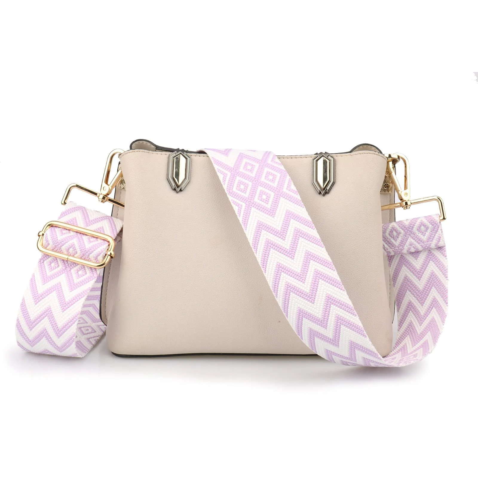 DL3 Mobilak Adjustable Wide Crossbody Bag Strap for Women, Replacement Shoulder Strap for Handbags, Totes & Purses with Elegant Embroidered Pattern and Metal Hooks - White Purple
