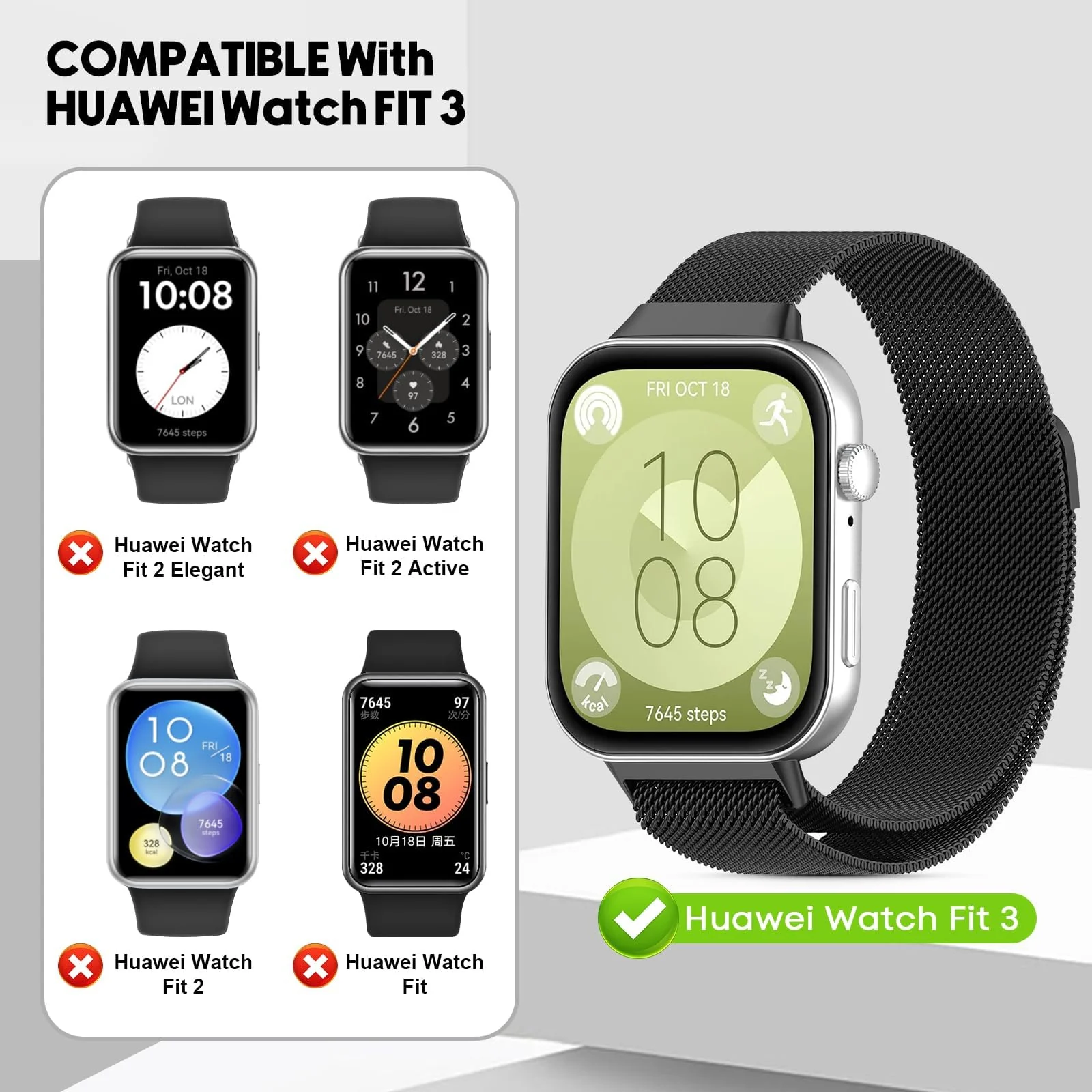 DL3 Mobilak Bracelet Compatible with Huawei Watch Fit 3, Stainless Steel Replacement Straps, Mesh Metal Watch Strap, Magnetic Adjustable Replacement Strap For Huawei Watch Fit3 - Black
