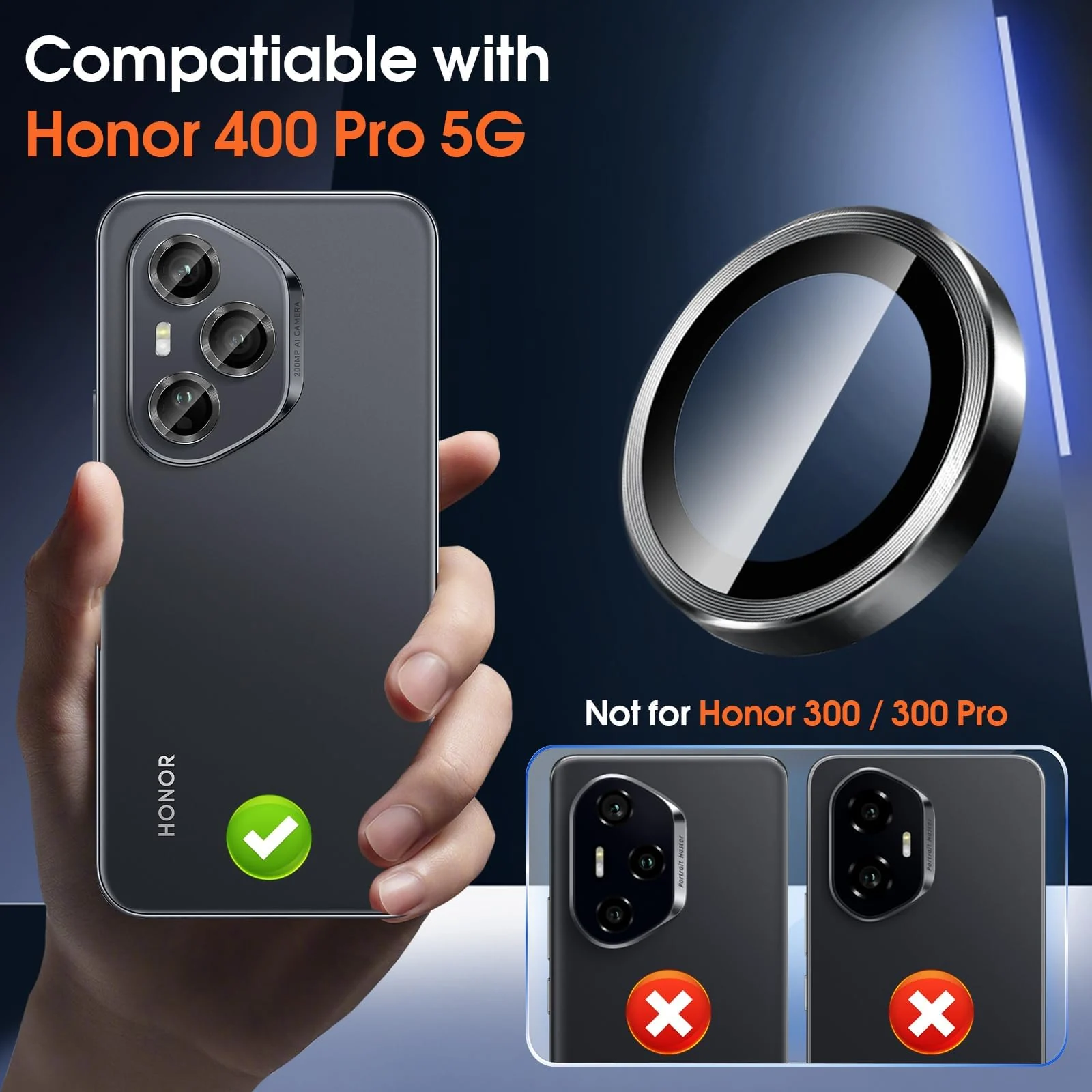 DL3 Mobilak Camera Lens Protector for Honor 400 Pro 5G Accessories, 9H Tempered Glass Metal Individual Ring Camera Cover Screen Protector, Case Friendly, Anti Scratch - Black