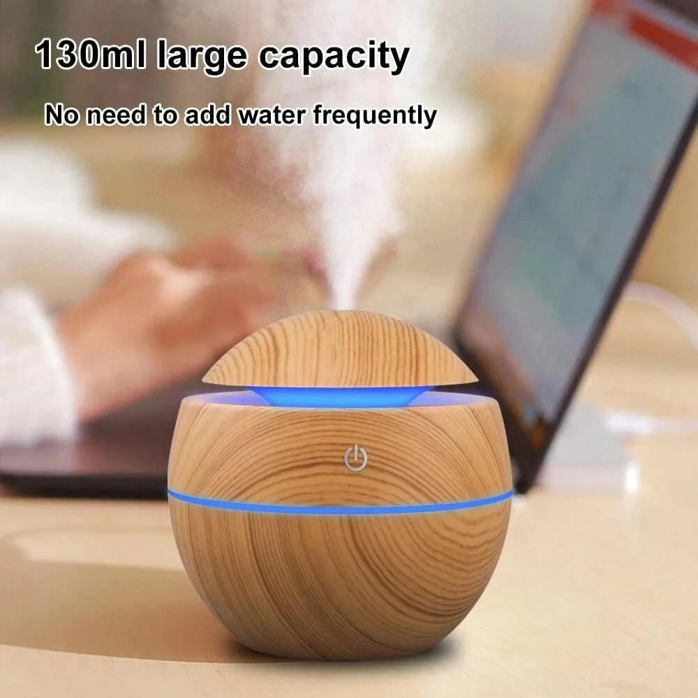 Mobigon Wood Cool Mist Ultrasonic Humidifier for Room Moisture, Aroma Diffuser for Home, 200ml Essential Oil Diffuser with 7 Colorful Night Light, Auto Shut-Off, Home, Office, car - A.Light Brown