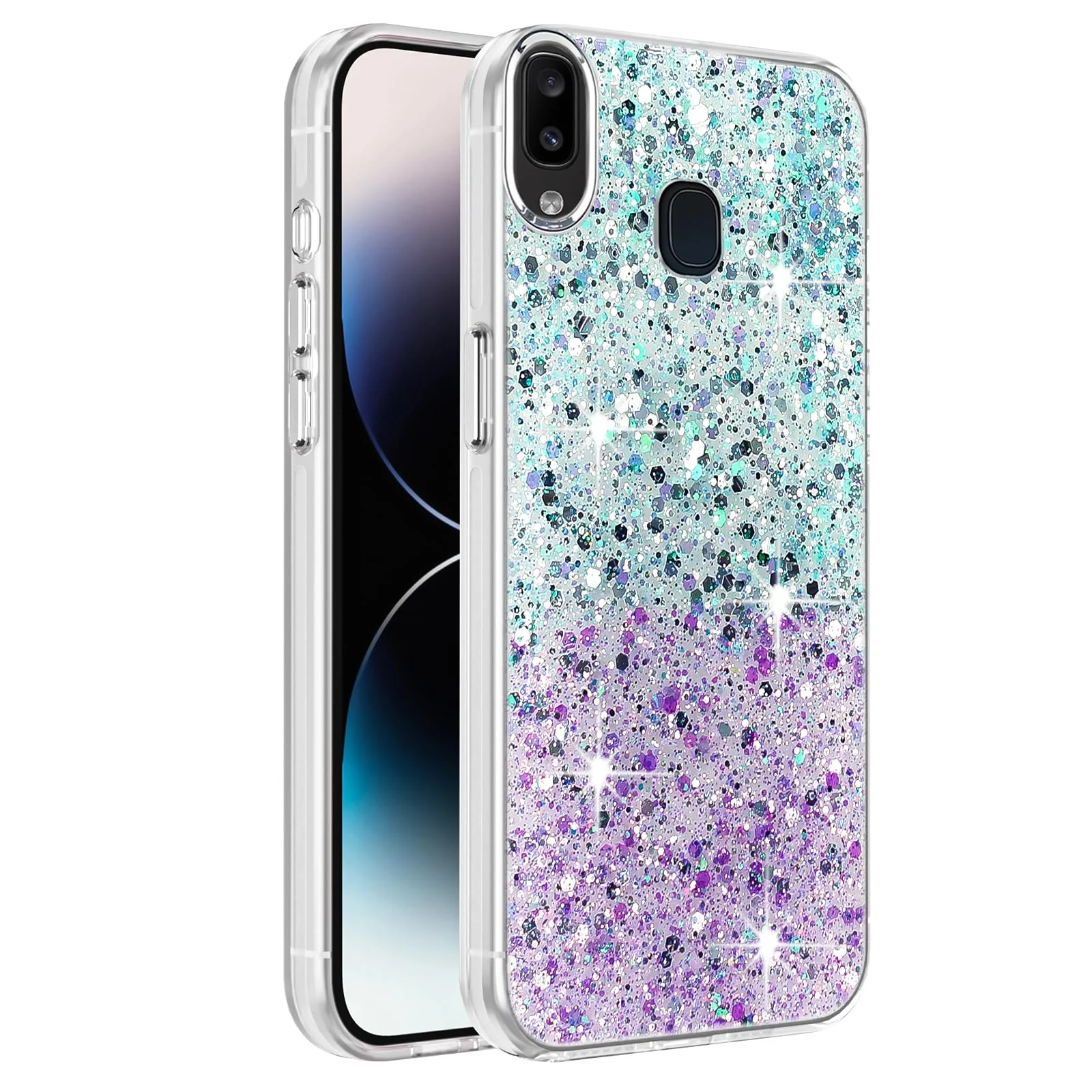 Dl3 Mobilak Compatible with Samsung Galaxy A20/A30/M10S Case, Clear Glitter Bling Sparkly, Soft TPU Frame Bumper, Hard-Back Cover for Women & Girls, Transparent Protective Phone Case (White Purple)