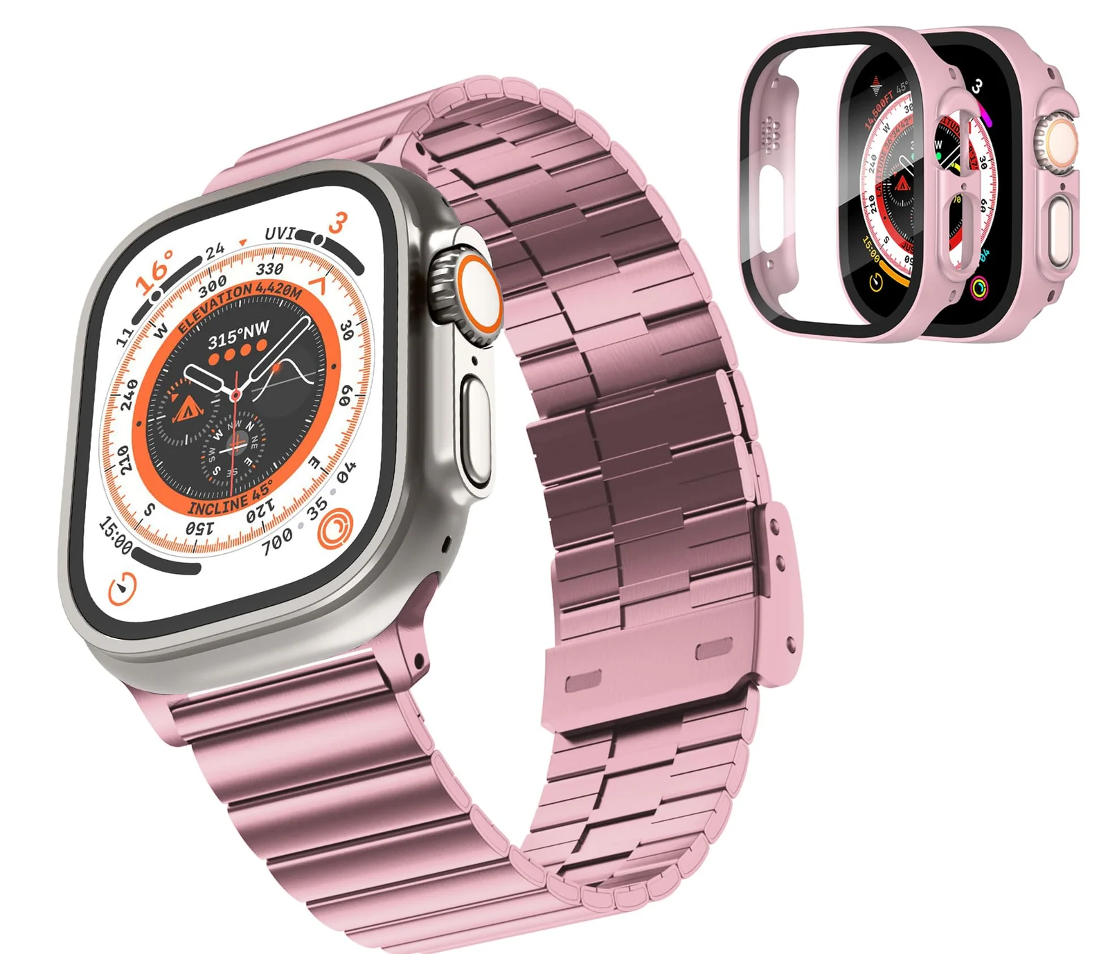 DL3 Mobilak Case with Strap For Apple Watch Ultra 2 49mm Stainless Steel Metal Straps, Hard PC Case With Glass Screen Protector Cover with Strap Bands for Apple Watch Ultra 49mm - Pink