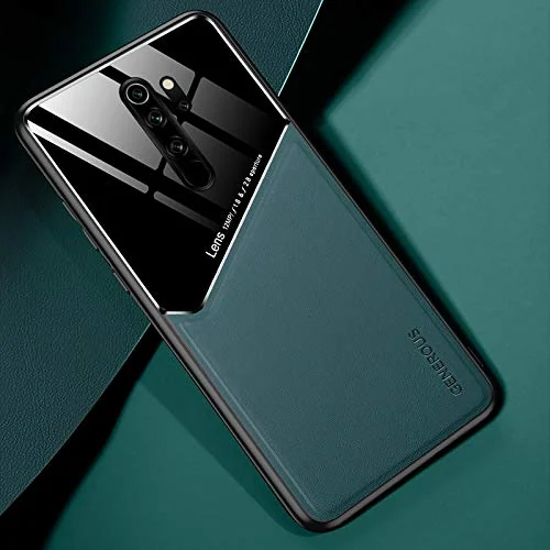 DL3 Mobilak Luxury Case For Xiaomi Redmi Note 8 pro, Ultra-Thin Soft TPU Frame, Back Leather Mixed Double+Plexiglass Protective Cover With Built-in Car Magnetic - Green
